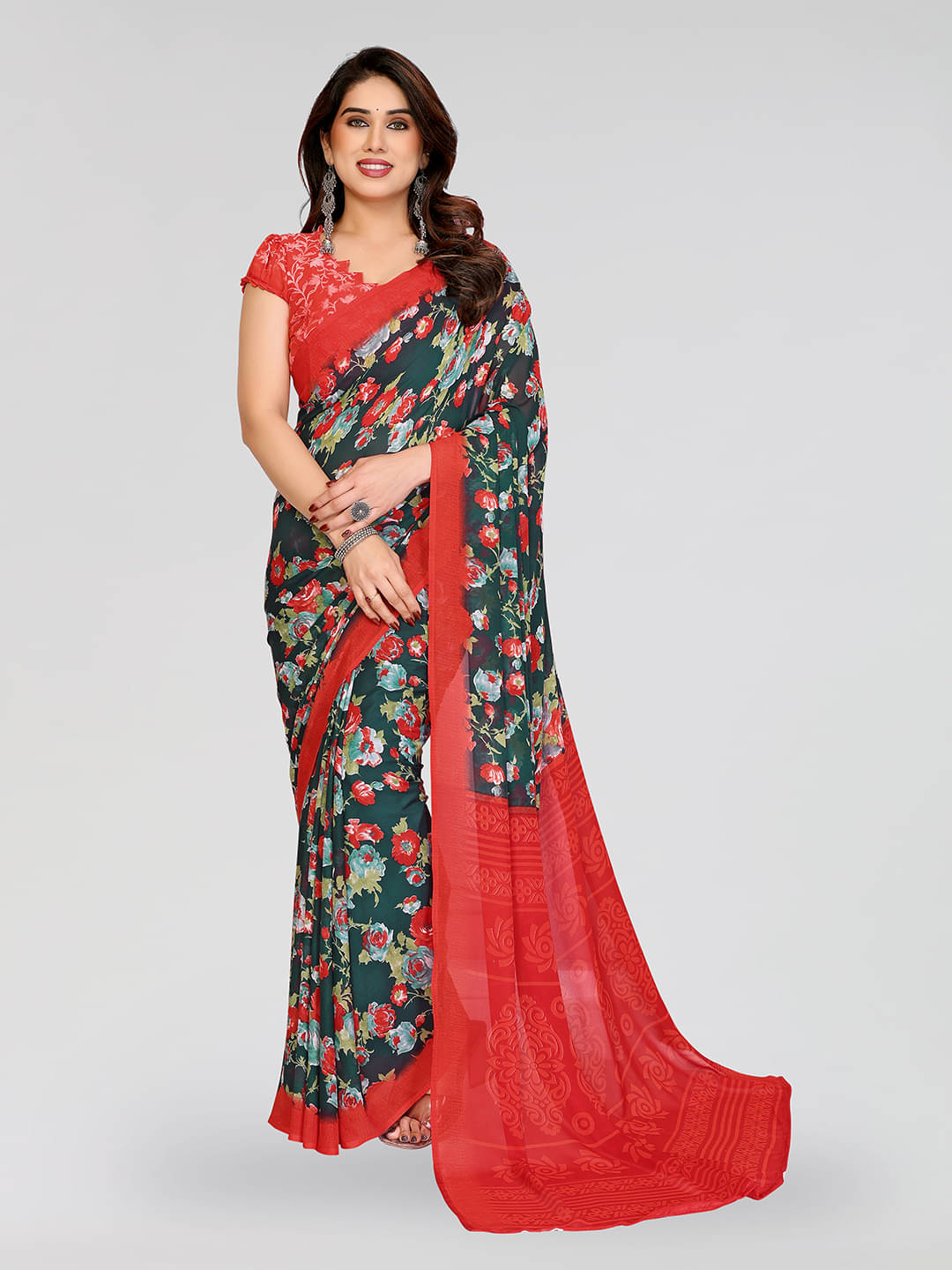     			Kashvi Sarees Georgette Printed Chanderi saree With Unstitched Blouse Piece ( Green )