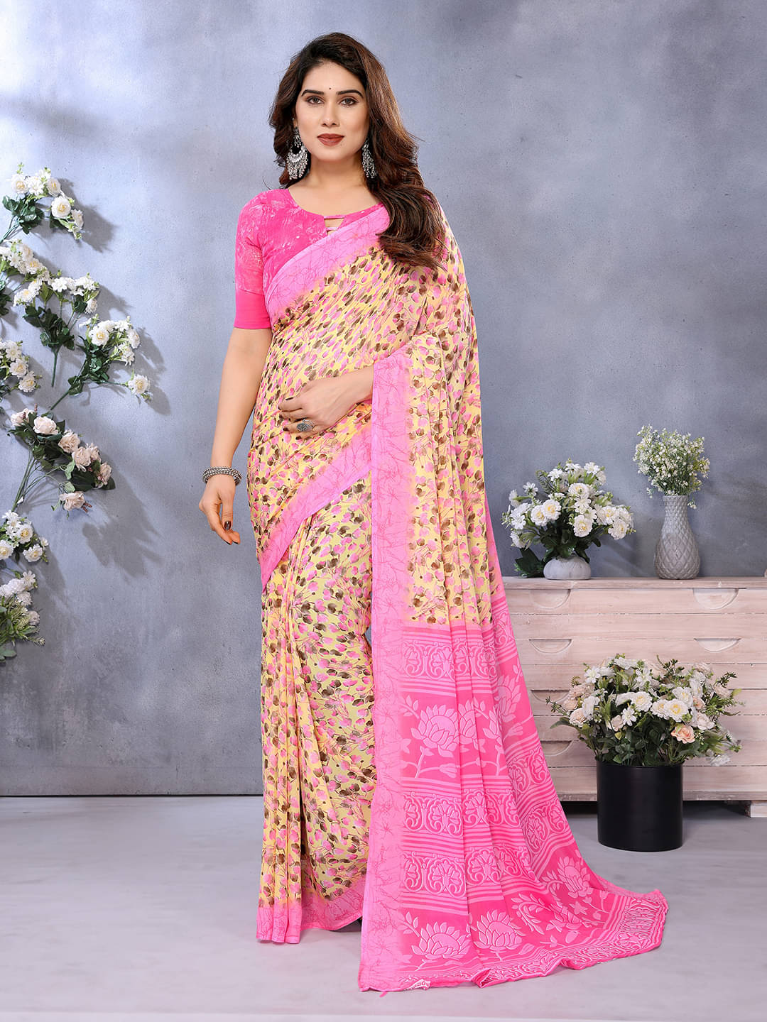 Kashvi Sarees Georgette Printed Chanderi saree With Unstitched Blouse Piece ( Pink ) Kashvi Sarees Georgette Printed Chanderi saree With Unstitched Blouse Piece ( Pink )