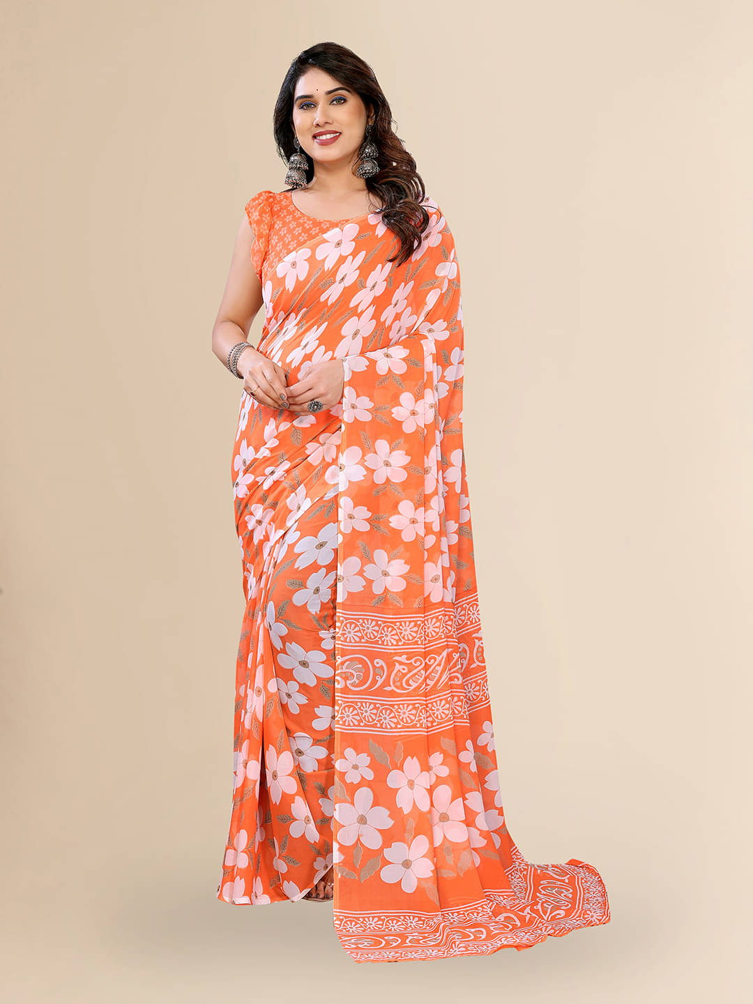 Kashvi Sarees Georgette Printed Chanderi saree With Unstitched Blouse Piece ( Orange ) Kashvi Sarees Georgette Printed Chanderi saree With Unstitched Blouse Piece ( Orange )