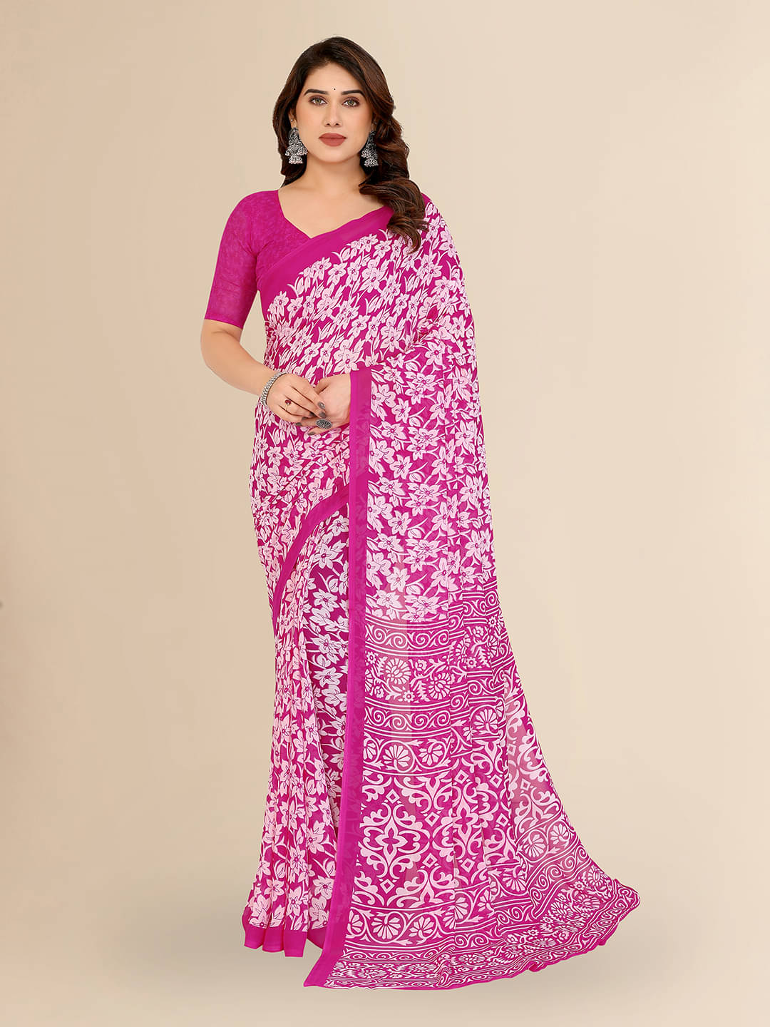 Kashvi Sarees Georgette Printed Chanderi saree With Unstitched Blouse Piece ( Pink ) Kashvi Sarees Georgette Printed Chanderi saree With Unstitched Blouse Piece ( Pink )