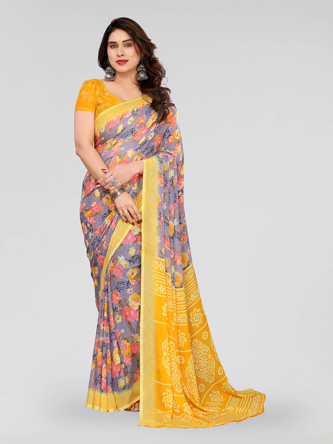     			Kashvi Sarees Georgette Printed Chanderi saree With Unstitched Blouse Piece ( Yellow )