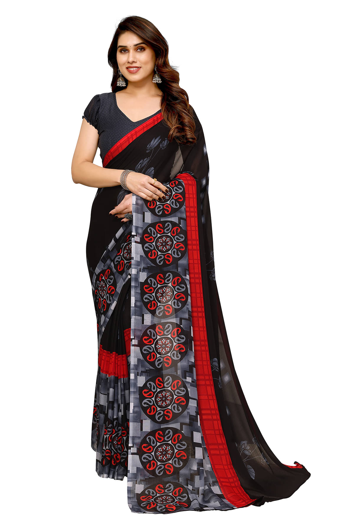 Kashvi Sarees Georgette Printed Chanderi saree With Unstitched Blouse Piece ( Black ) Kashvi Sarees Georgette Printed Chanderi saree With Unstitched Blouse Piece ( Black )