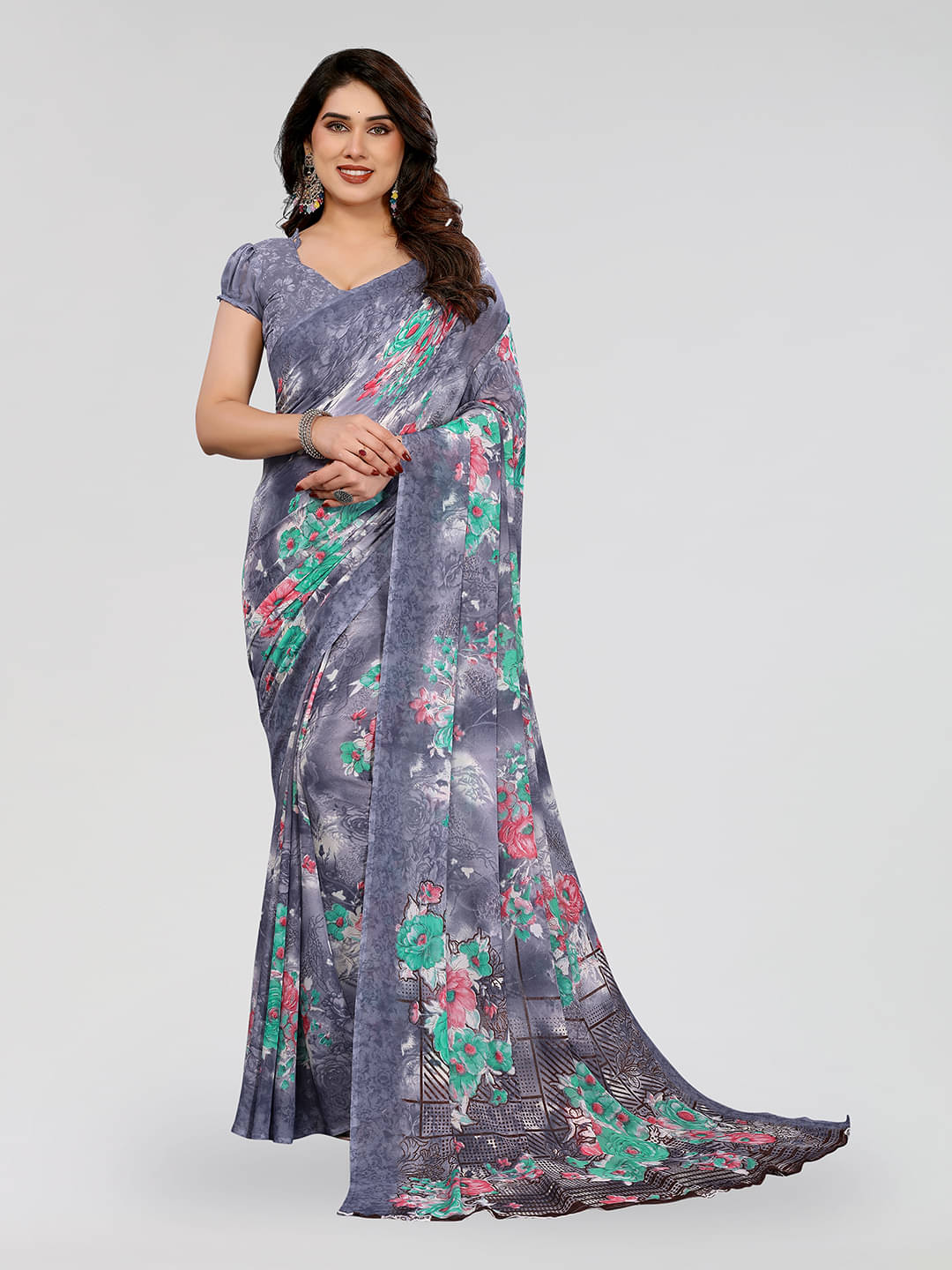 Kashvi Sarees Georgette Printed Chanderi saree With Unstitched Blouse Piece ( Grey ) Kashvi Sarees Georgette Printed Chanderi saree With Unstitched Blouse Piece ( Grey )