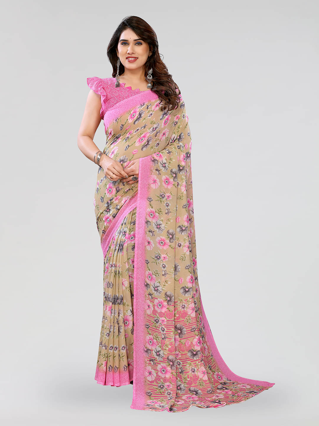 Kashvi Sarees Georgette Printed Chanderi saree With Unstitched Blouse Piece ( Beige ) Kashvi Sarees Georgette Printed Chanderi saree With Unstitched Blouse Piece ( Beige )