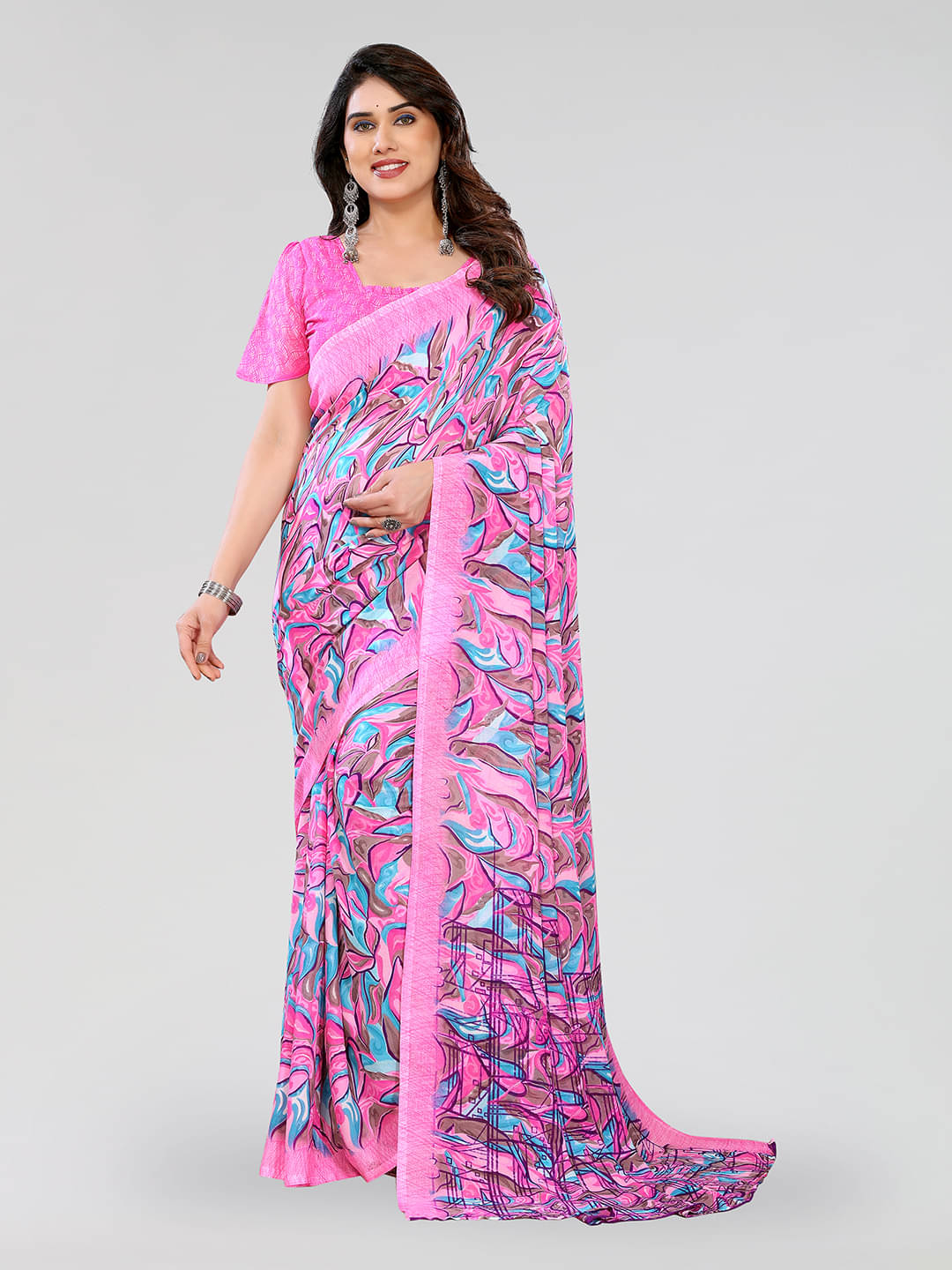 Kashvi Sarees Georgette Printed Chanderi saree With Unstitched Blouse Piece ( Pink )     			Kashvi Sarees Georgette Printed Chanderi saree With Unstitched Blouse Piece ( Pink )