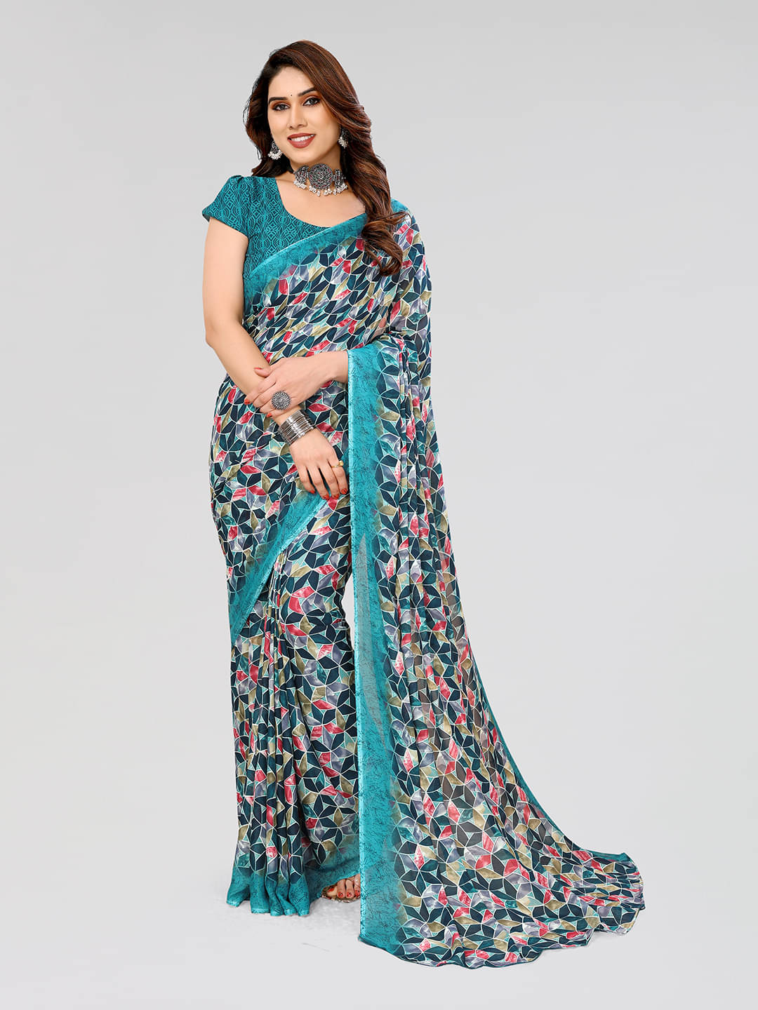     			Kashvi Sarees Georgette Printed Chanderi saree With Unstitched Blouse Piece ( Green )