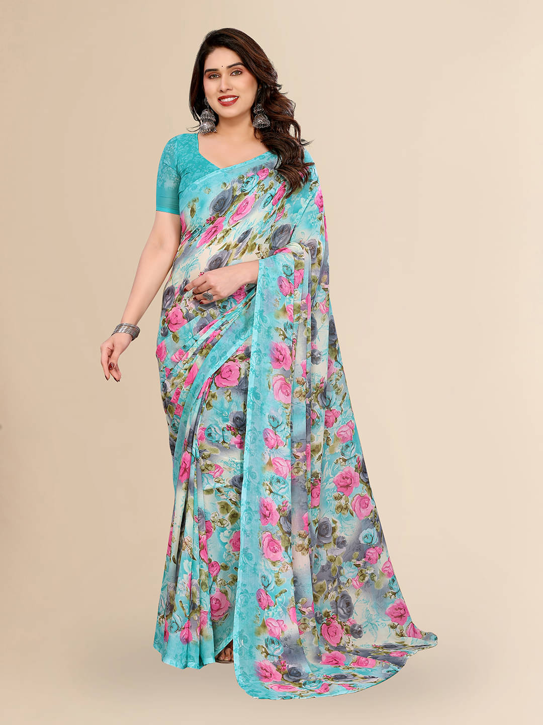     			Kashvi Sarees Georgette Printed Chanderi saree With Unstitched Blouse Piece ( Aqua Blue )