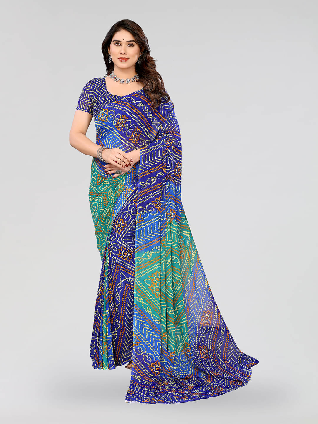     			Kashvi Sarees Georgette Printed Chanderi saree With Unstitched Blouse Piece ( Blue )
