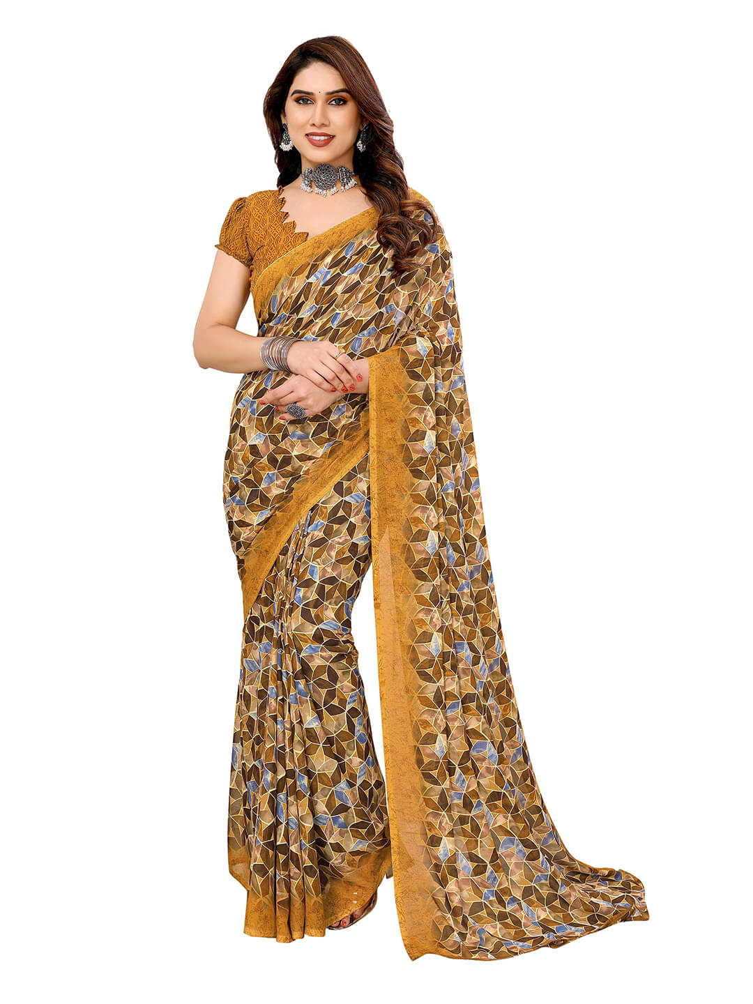 Kashvi Sarees Georgette Printed Chanderi saree With Unstitched Blouse Piece ( Yellow )     			Kashvi Sarees Georgette Printed Chanderi saree With Unstitched Blouse Piece ( Yellow )