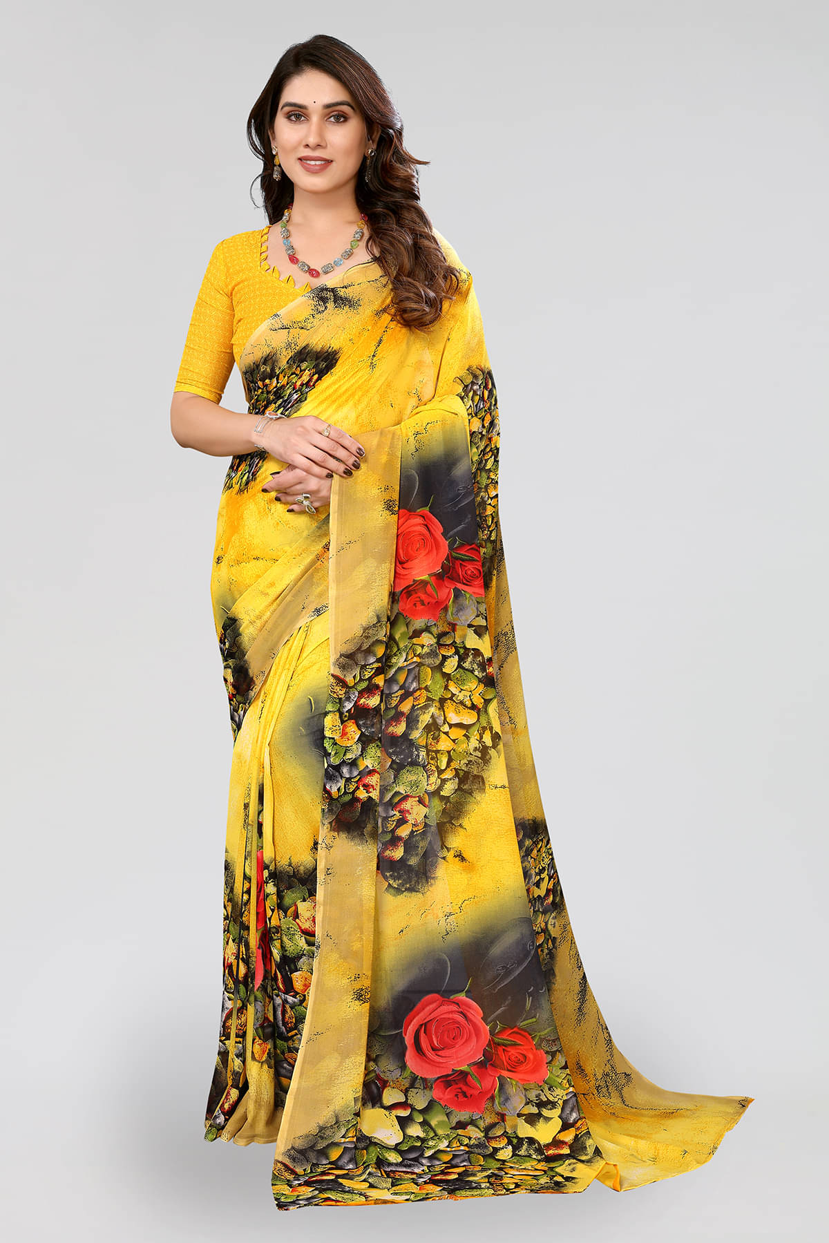     			Kashvi Sarees Georgette Printed Chanderi saree With Unstitched Blouse Piece ( Yellow )
