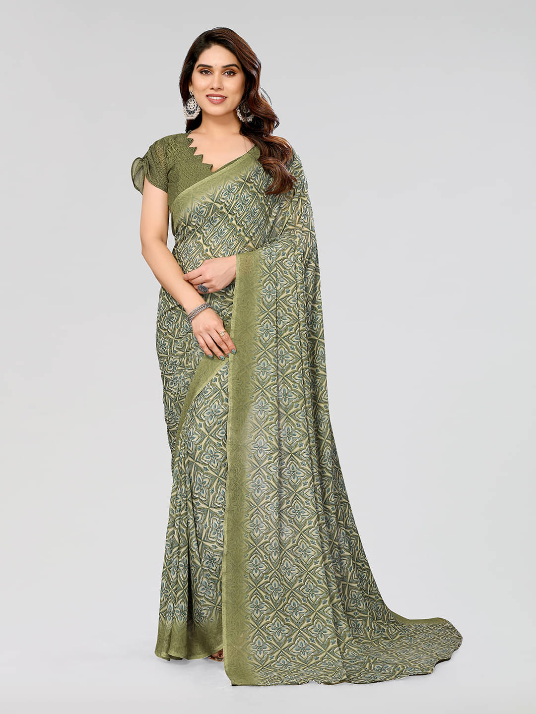 Kashvi Sarees Georgette Printed Chanderi saree With Unstitched Blouse Piece ( Green ) Kashvi Sarees Georgette Printed Chanderi saree With Unstitched Blouse Piece ( Green )