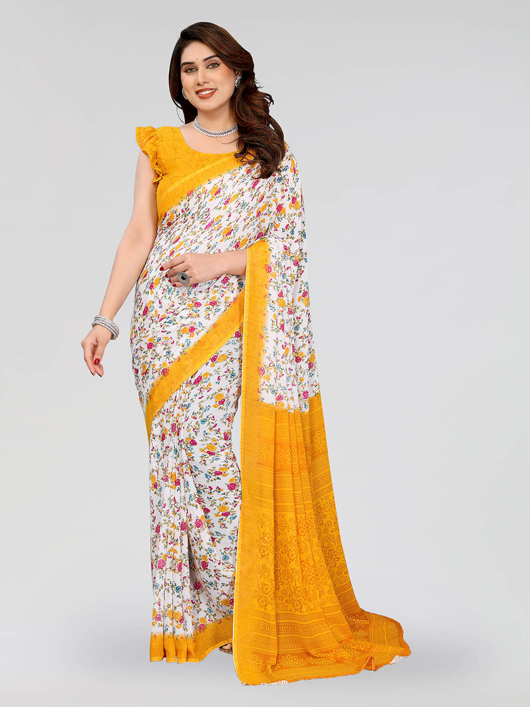 Kashvi Sarees Georgette Printed Chanderi saree With Unstitched Blouse Piece ( Yellow ) Kashvi Sarees Georgette Printed Chanderi saree With Unstitched Blouse Piece ( Yellow )
