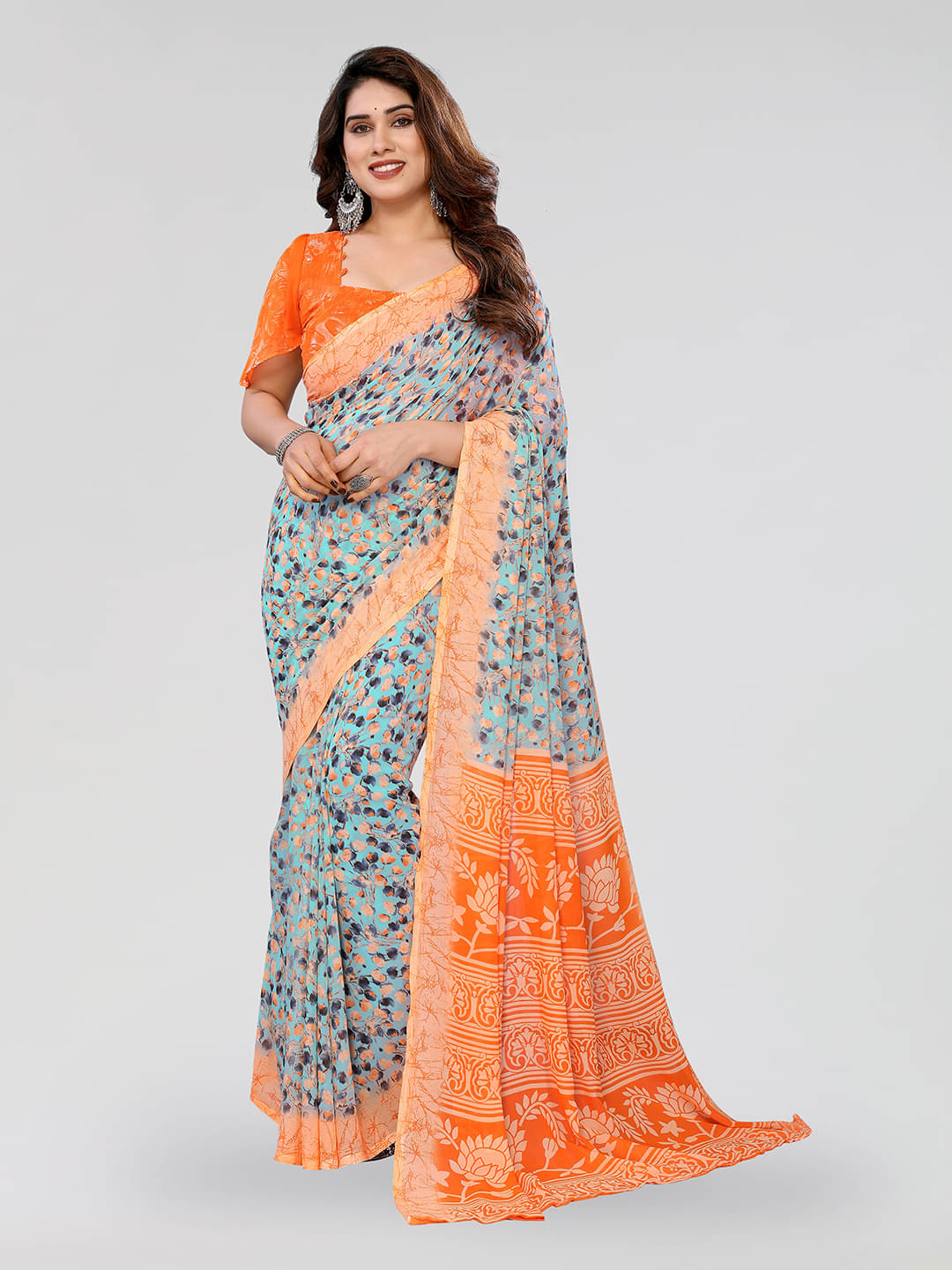 Kashvi Sarees Georgette Printed Chanderi saree With Unstitched Blouse Piece ( Orange ) Kashvi Sarees Georgette Printed Chanderi saree With Unstitched Blouse Piece ( Orange )