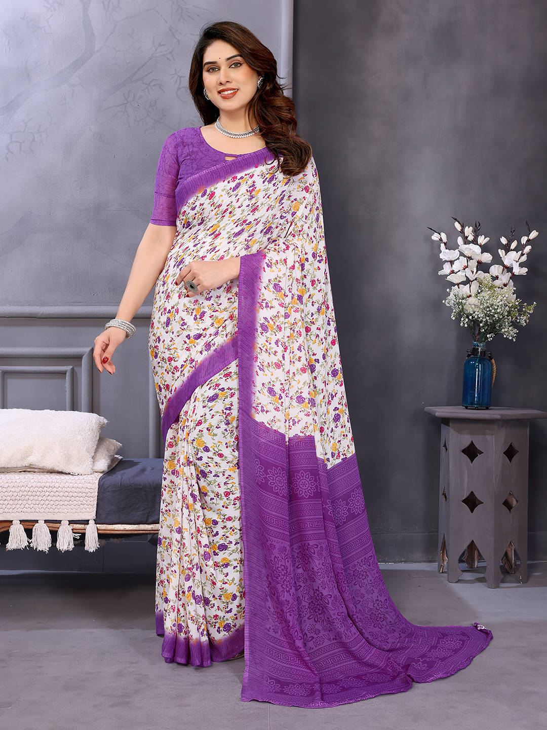 Kashvi Sarees Georgette Printed Chanderi saree With Unstitched Blouse Piece ( Purple ) Kashvi Sarees Georgette Printed Chanderi saree With Unstitched Blouse Piece ( Purple )