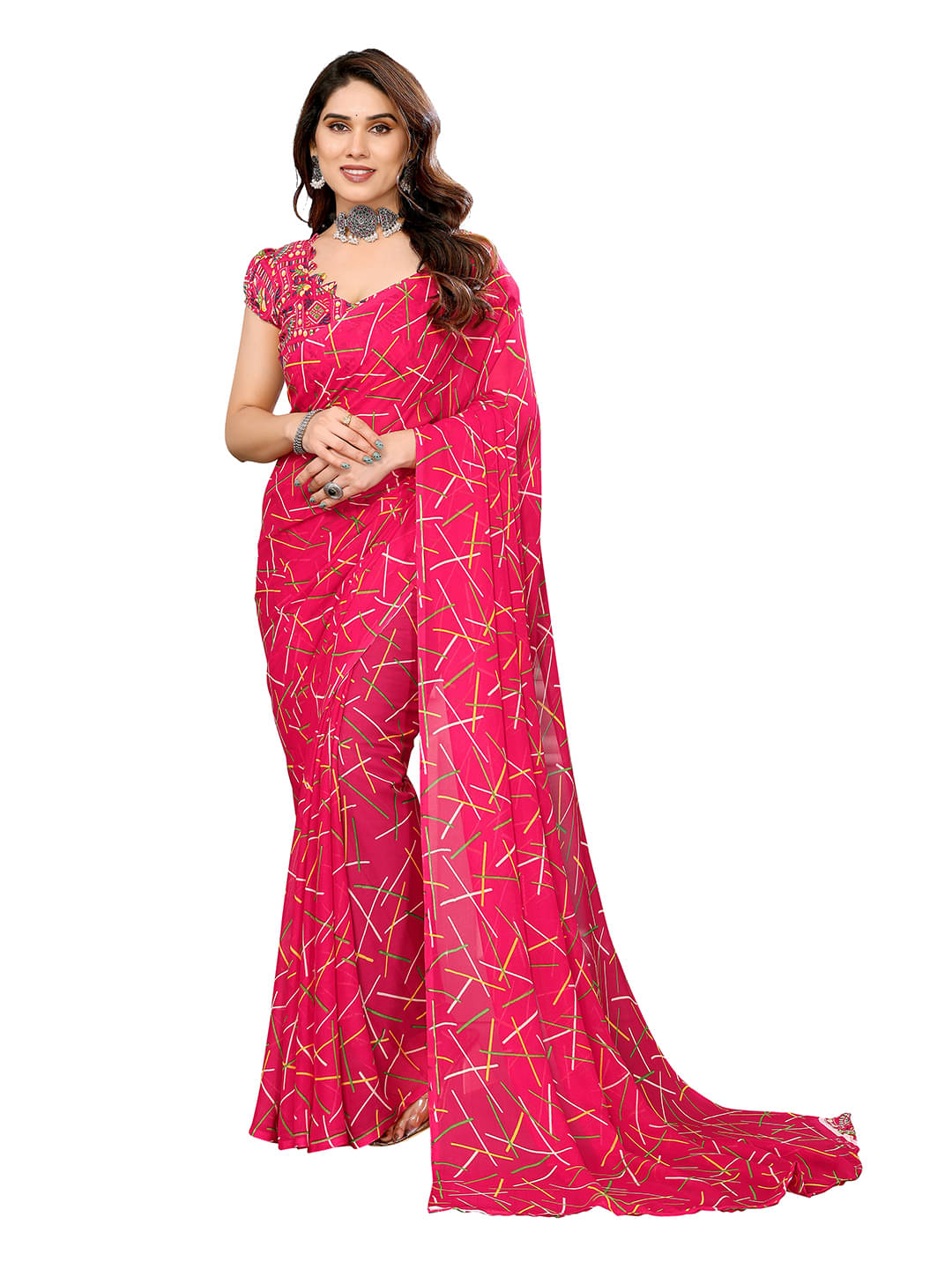 Kashvi Sarees Georgette Printed Chanderi saree With Unstitched Blouse Piece ( Pink )     			Kashvi Sarees Georgette Printed Chanderi saree With Unstitched Blouse Piece ( Pink )