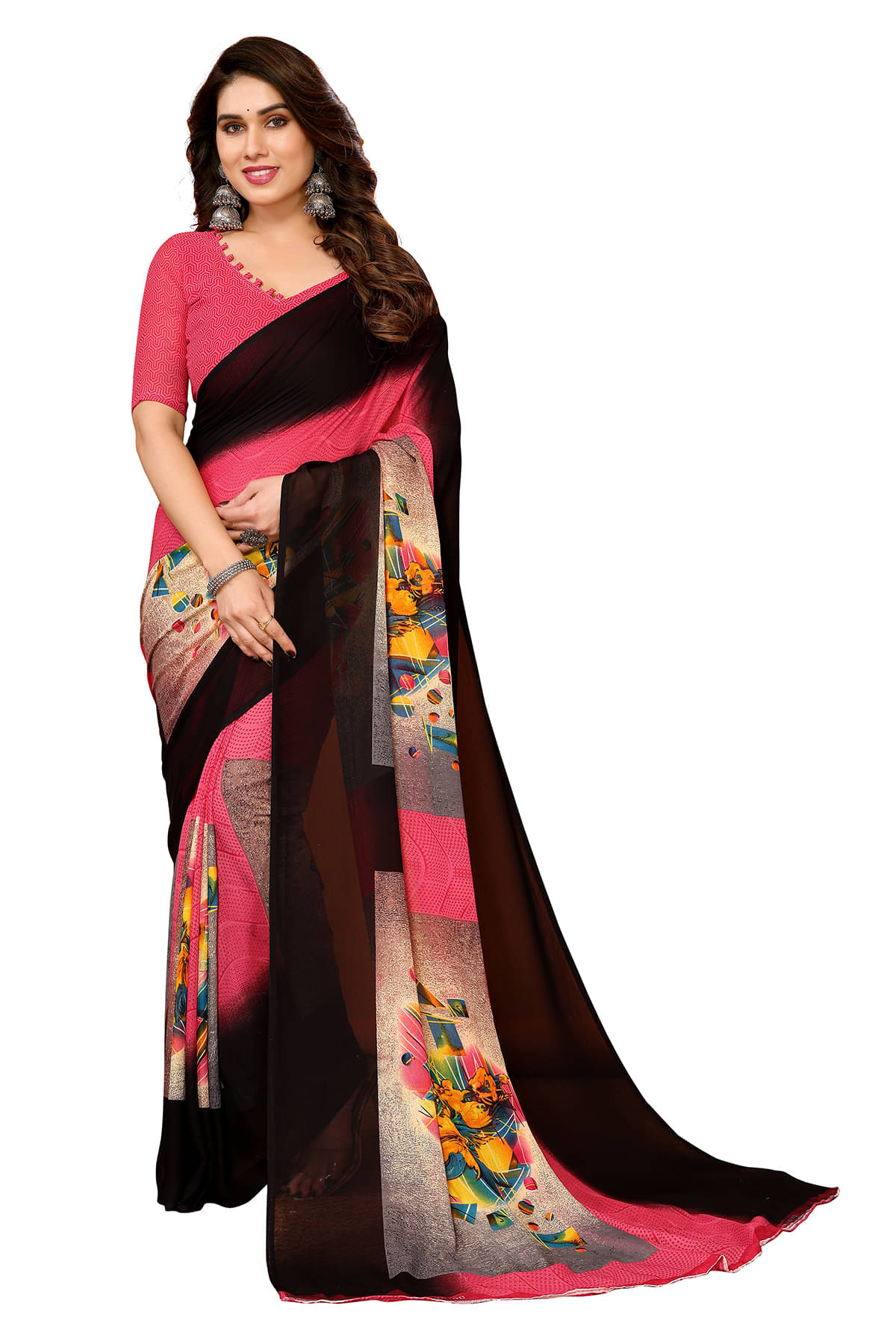 Kashvi Sarees Georgette Printed Chanderi saree With Unstitched Blouse Piece ( Pink )     			Kashvi Sarees Georgette Printed Chanderi saree With Unstitched Blouse Piece ( Pink )