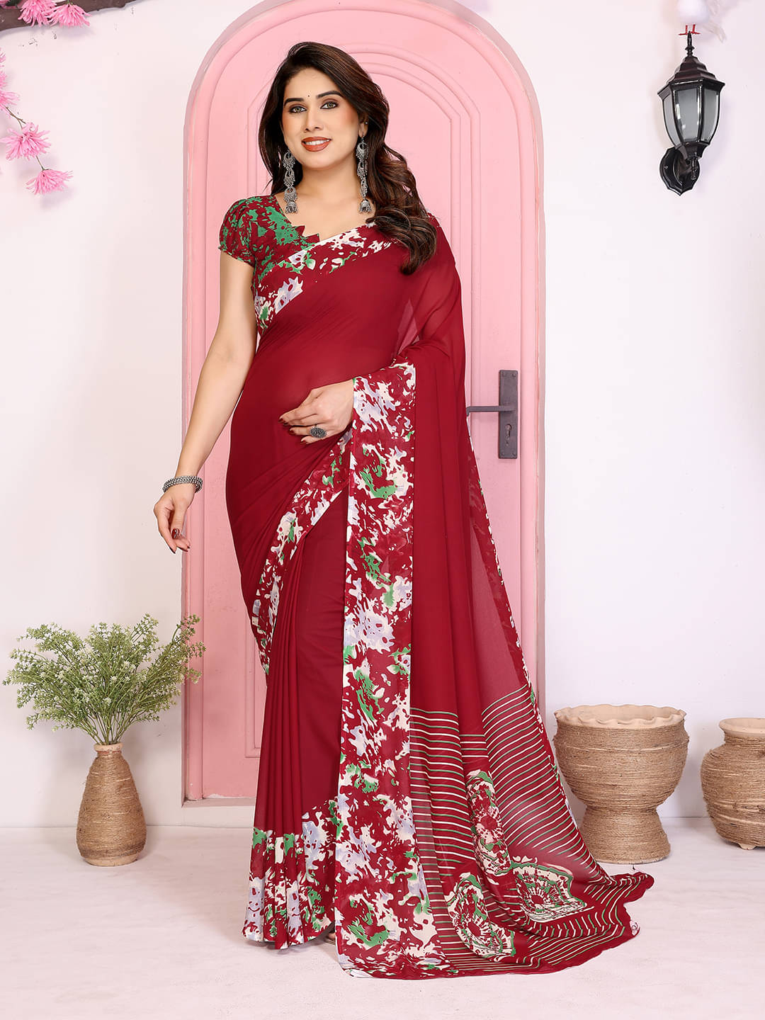     			Kashvi Sarees Georgette Printed Chanderi saree With Unstitched Blouse Piece ( Maroon )