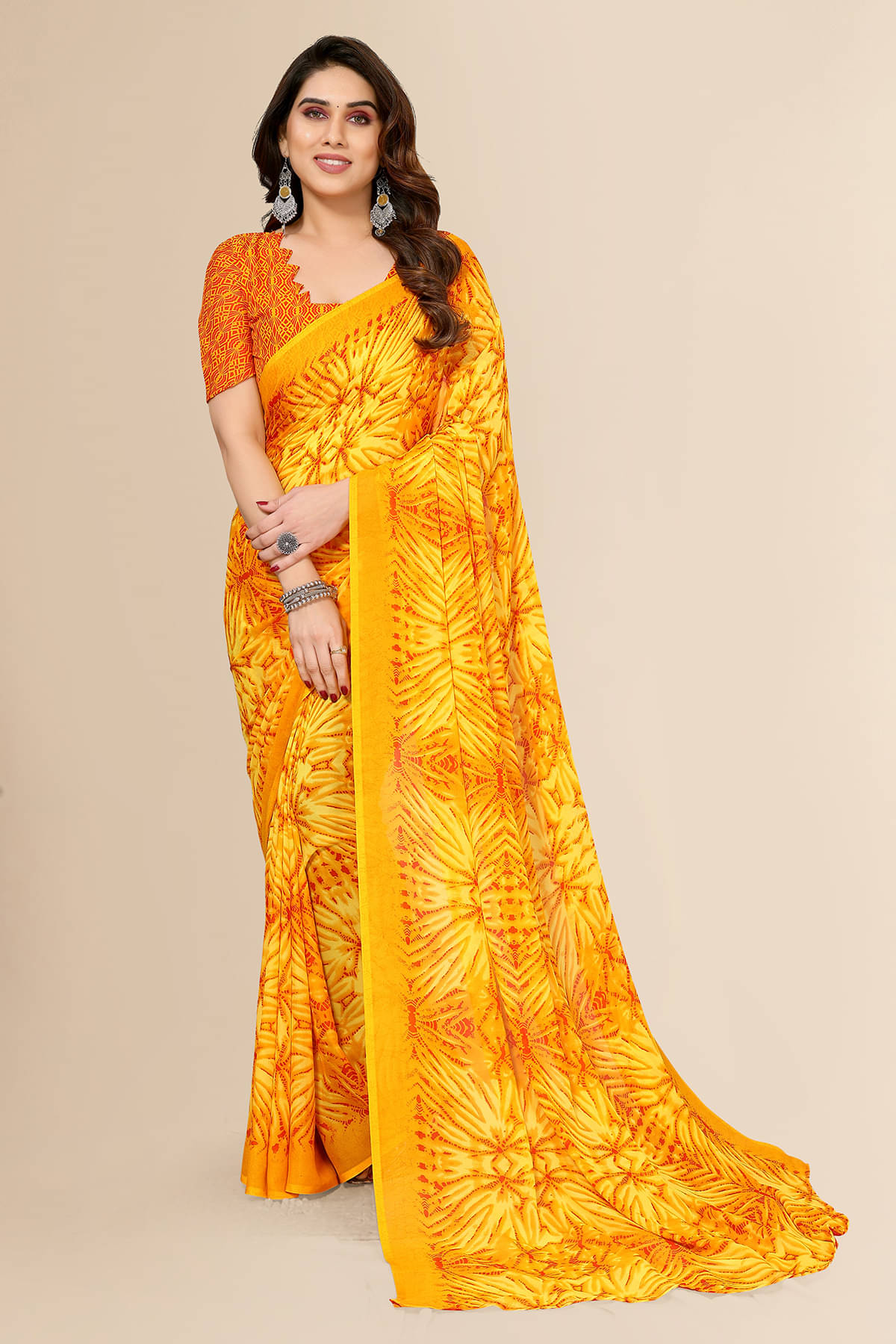 Kashvi Sarees Georgette Printed Chanderi saree With Unstitched Blouse Piece ( Yellow ) Kashvi Sarees Georgette Printed Chanderi saree With Unstitched Blouse Piece ( Yellow )