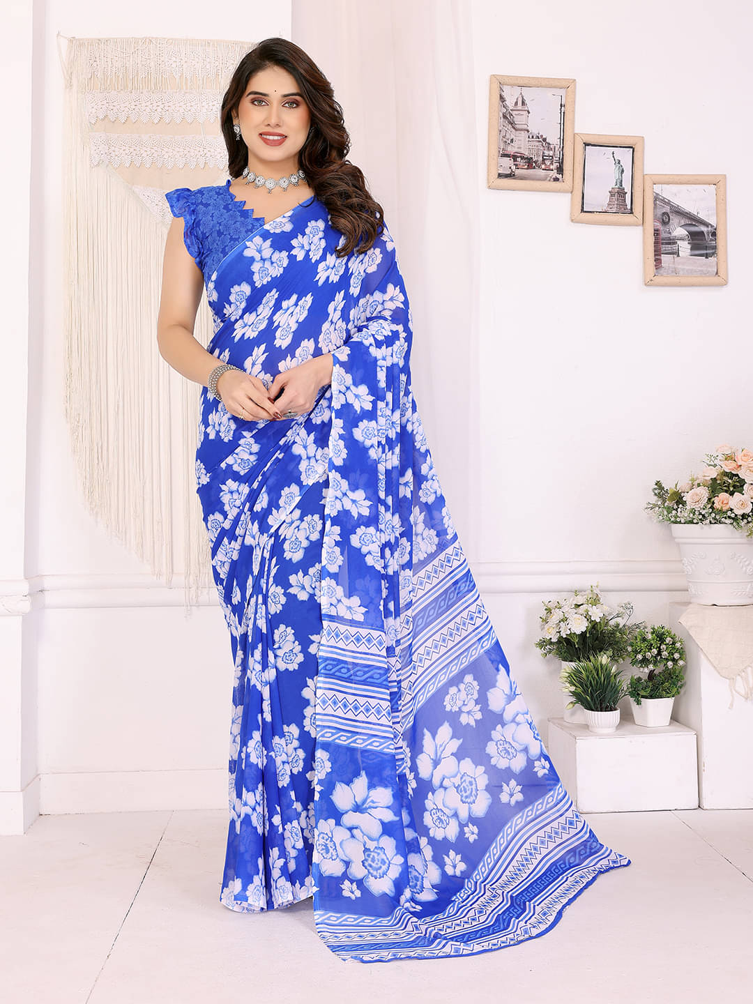 Kashvi Sarees Georgette Printed Chanderi saree With Unstitched Blouse Piece ( Blue )     			Kashvi Sarees Georgette Printed Chanderi saree With Unstitched Blouse Piece ( Blue )