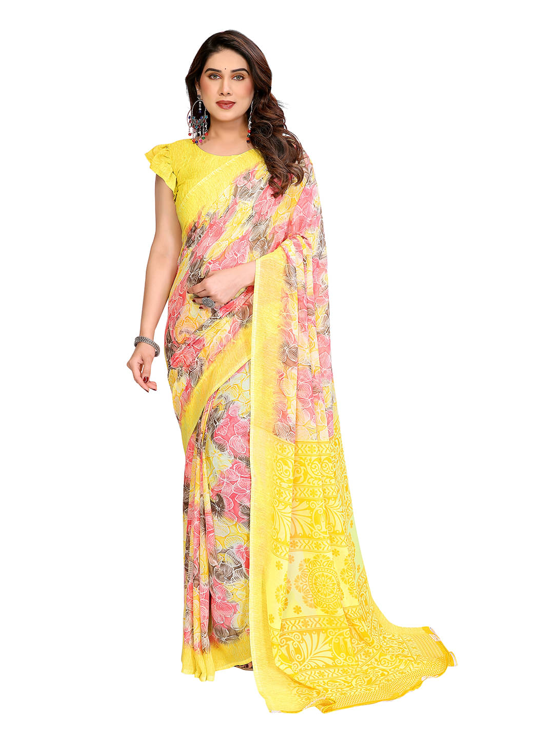     			Kashvi Sarees Georgette Printed Chanderi saree With Unstitched Blouse Piece ( Yellow )