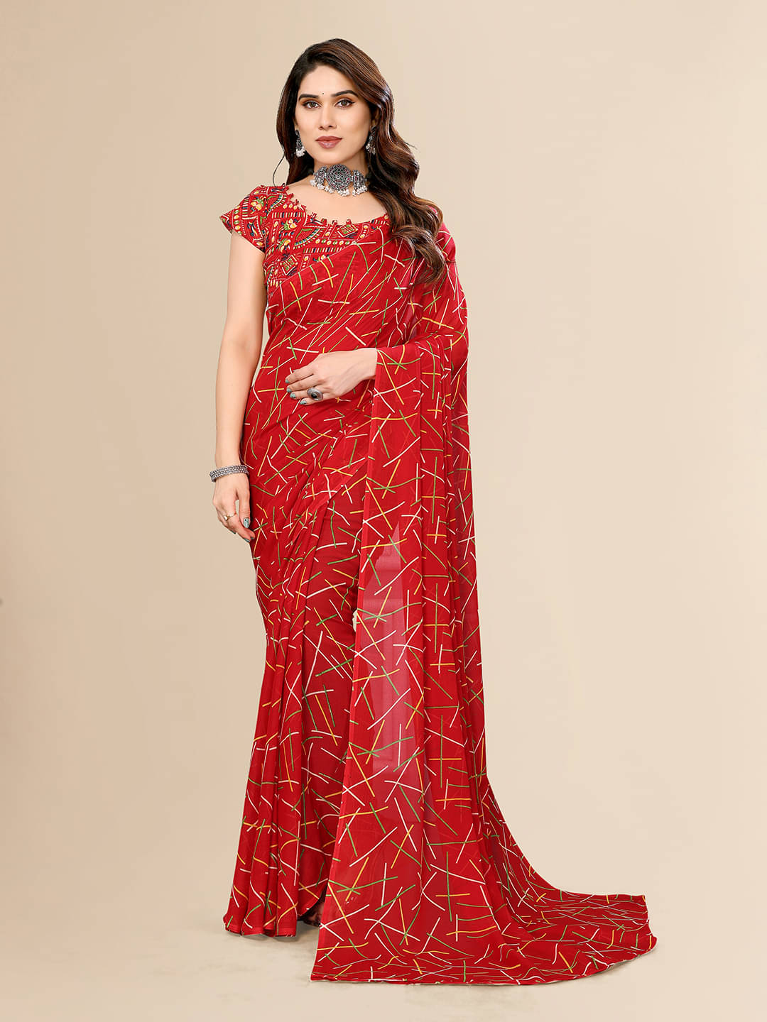 Kashvi Sarees Georgette Printed Chanderi saree With Unstitched Blouse Piece ( Red ) Kashvi Sarees Georgette Printed Chanderi saree With Unstitched Blouse Piece ( Red )