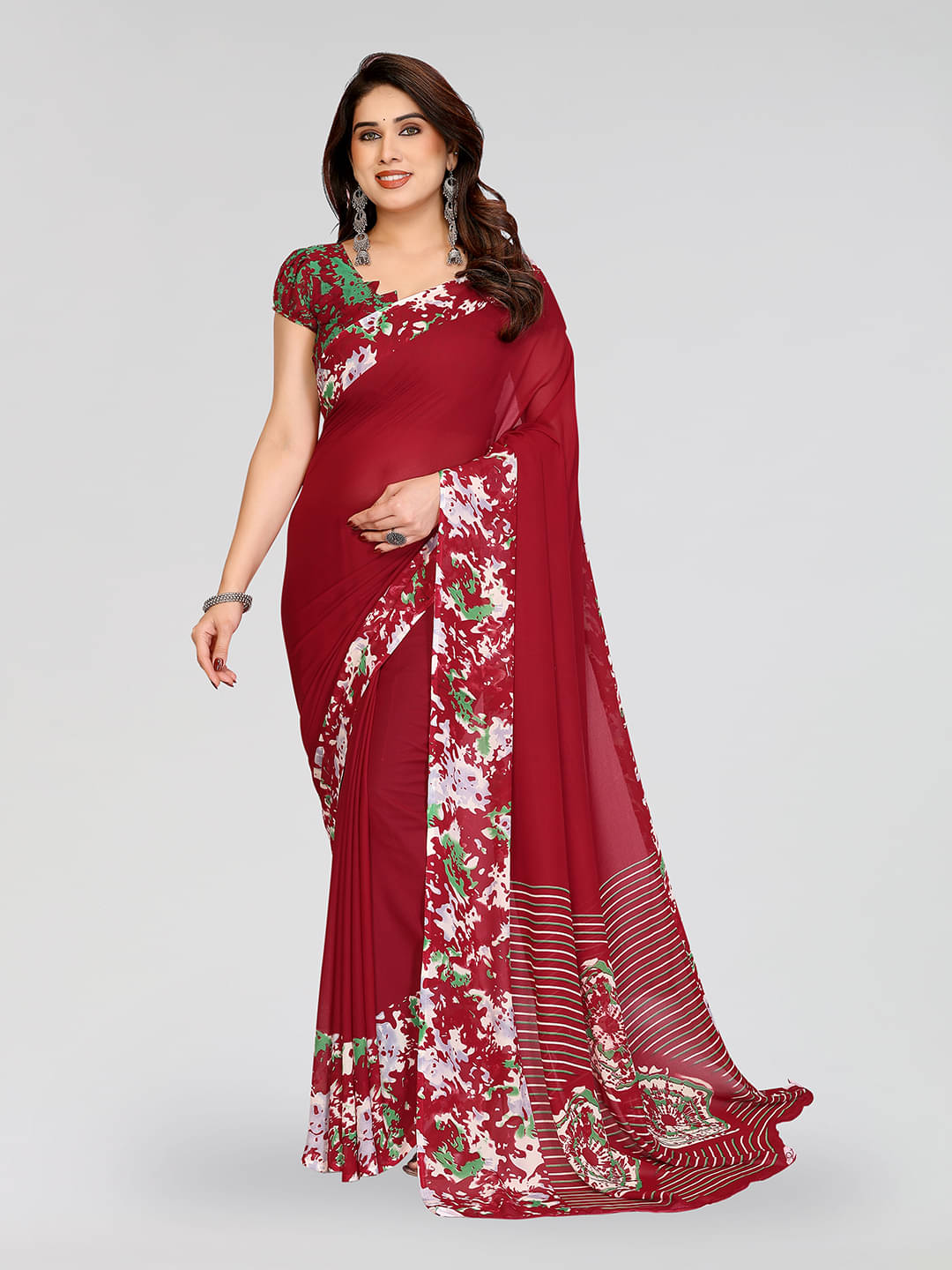 Kashvi Sarees Georgette Printed Chanderi saree With Unstitched Blouse Piece ( Maroon ) Kashvi Sarees Georgette Printed Chanderi saree With Unstitched Blouse Piece ( Maroon )