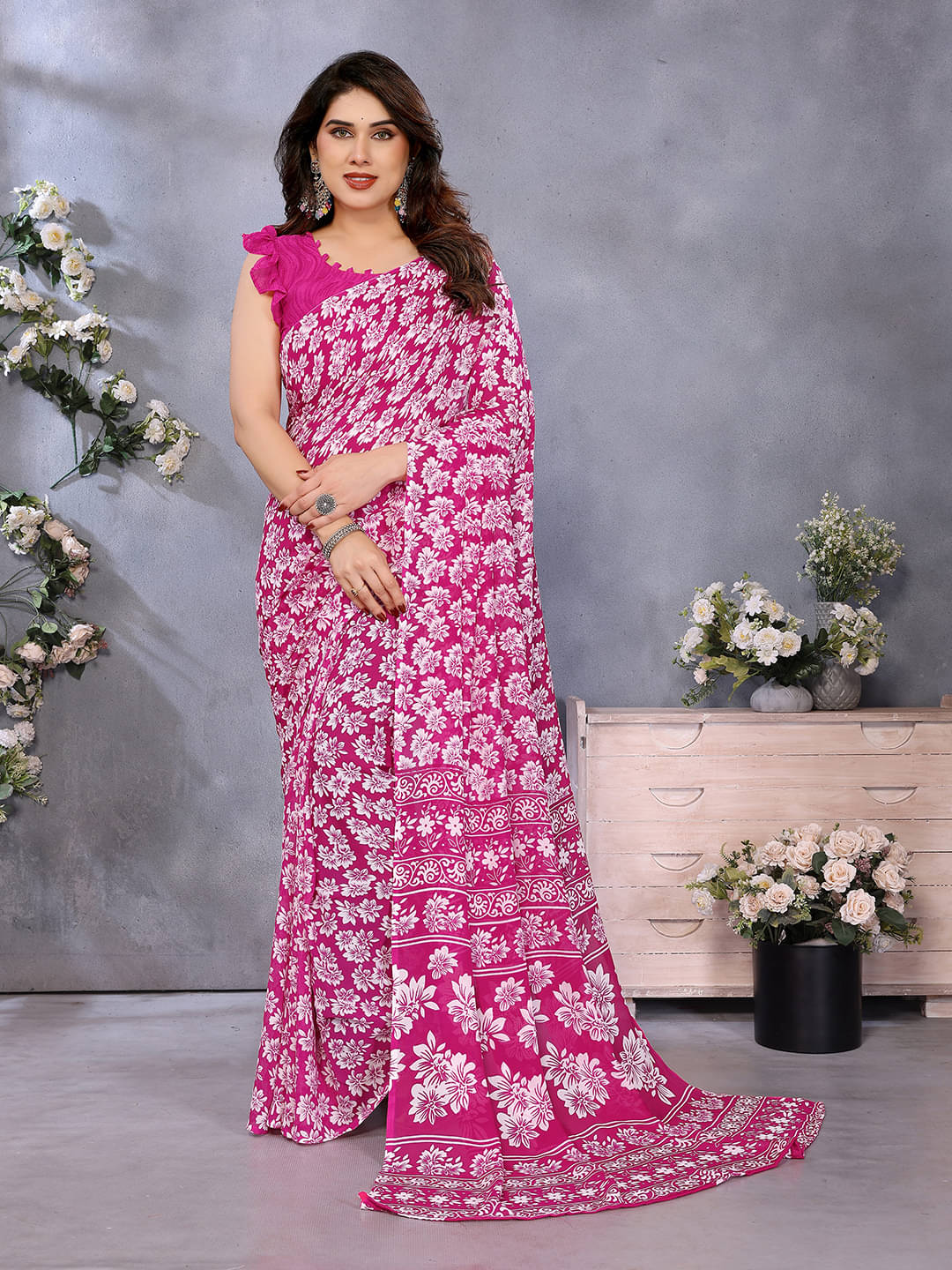     			Kashvi Sarees Georgette Printed Chanderi saree With Unstitched Blouse Piece ( Pink )