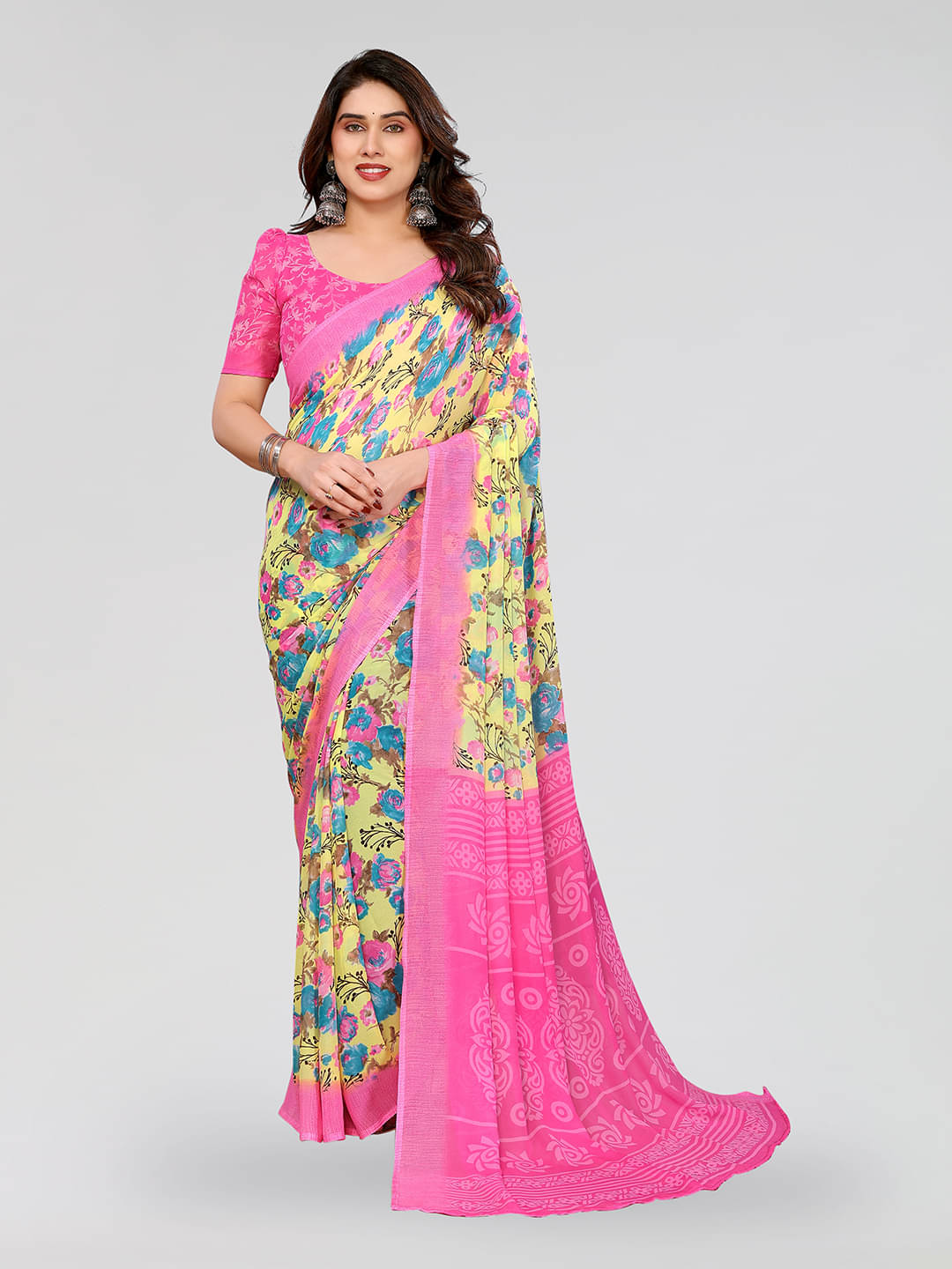Kashvi Sarees Georgette Printed Chanderi saree With Unstitched Blouse Piece ( Pink ) Kashvi Sarees Georgette Printed Chanderi saree With Unstitched Blouse Piece ( Pink )