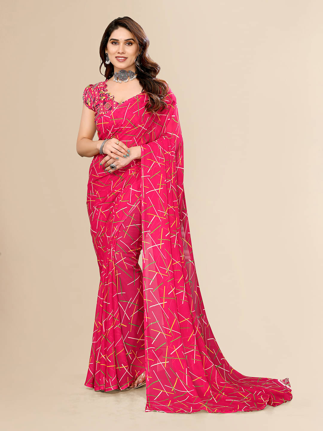     			Kashvi Sarees Georgette Printed Chanderi saree With Unstitched Blouse Piece ( Pink )