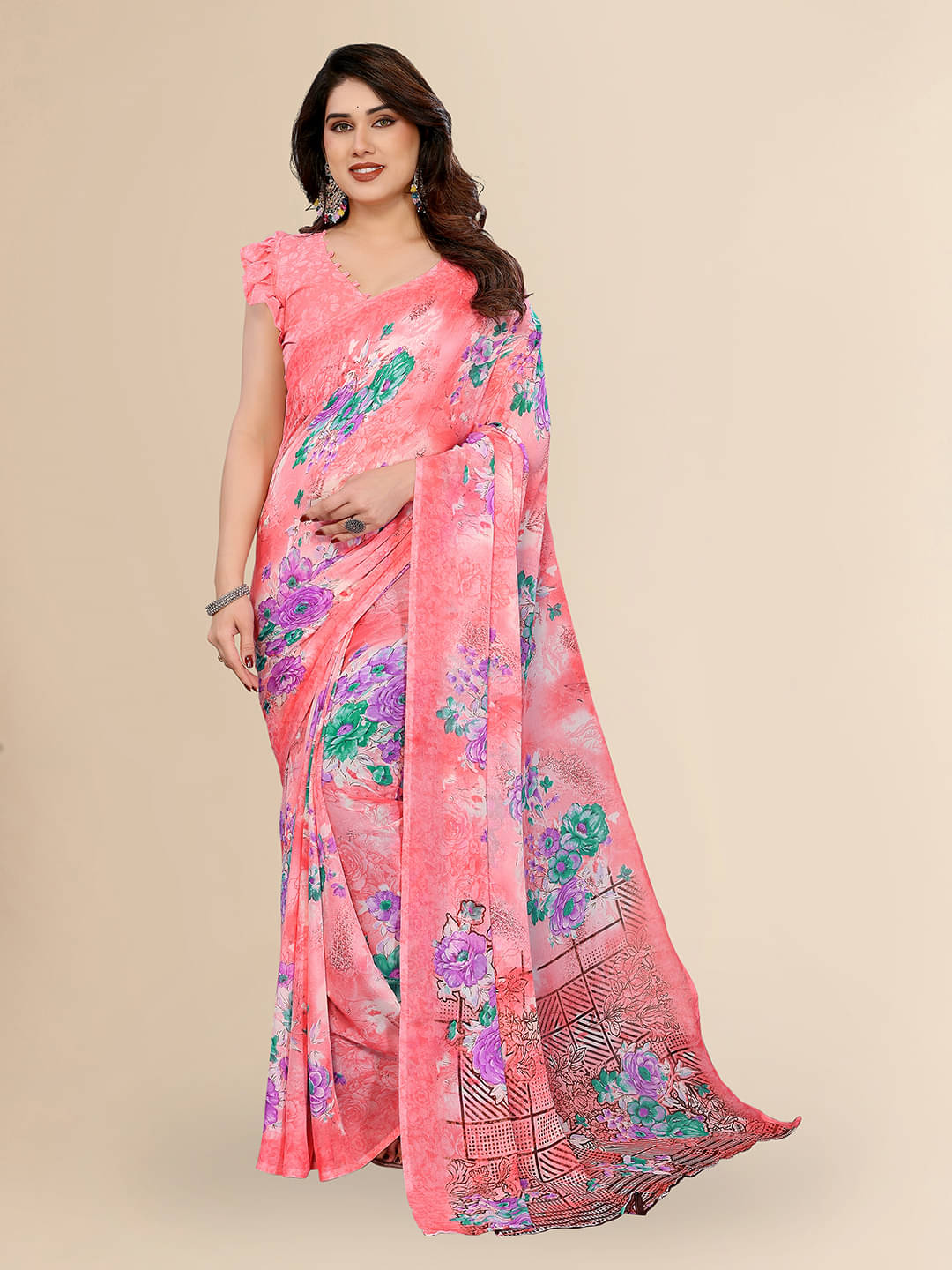 Kashvi Sarees Georgette Printed Chanderi saree With Unstitched Blouse Piece ( Pink )     			Kashvi Sarees Georgette Printed Chanderi saree With Unstitched Blouse Piece ( Pink )