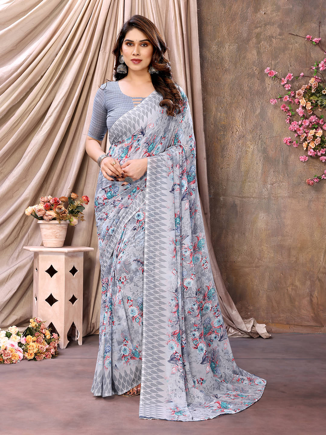 Kashvi Sarees Georgette Printed Chanderi saree With Unstitched Blouse Piece ( Grey ) Kashvi Sarees Georgette Printed Chanderi saree With Unstitched Blouse Piece ( Grey )