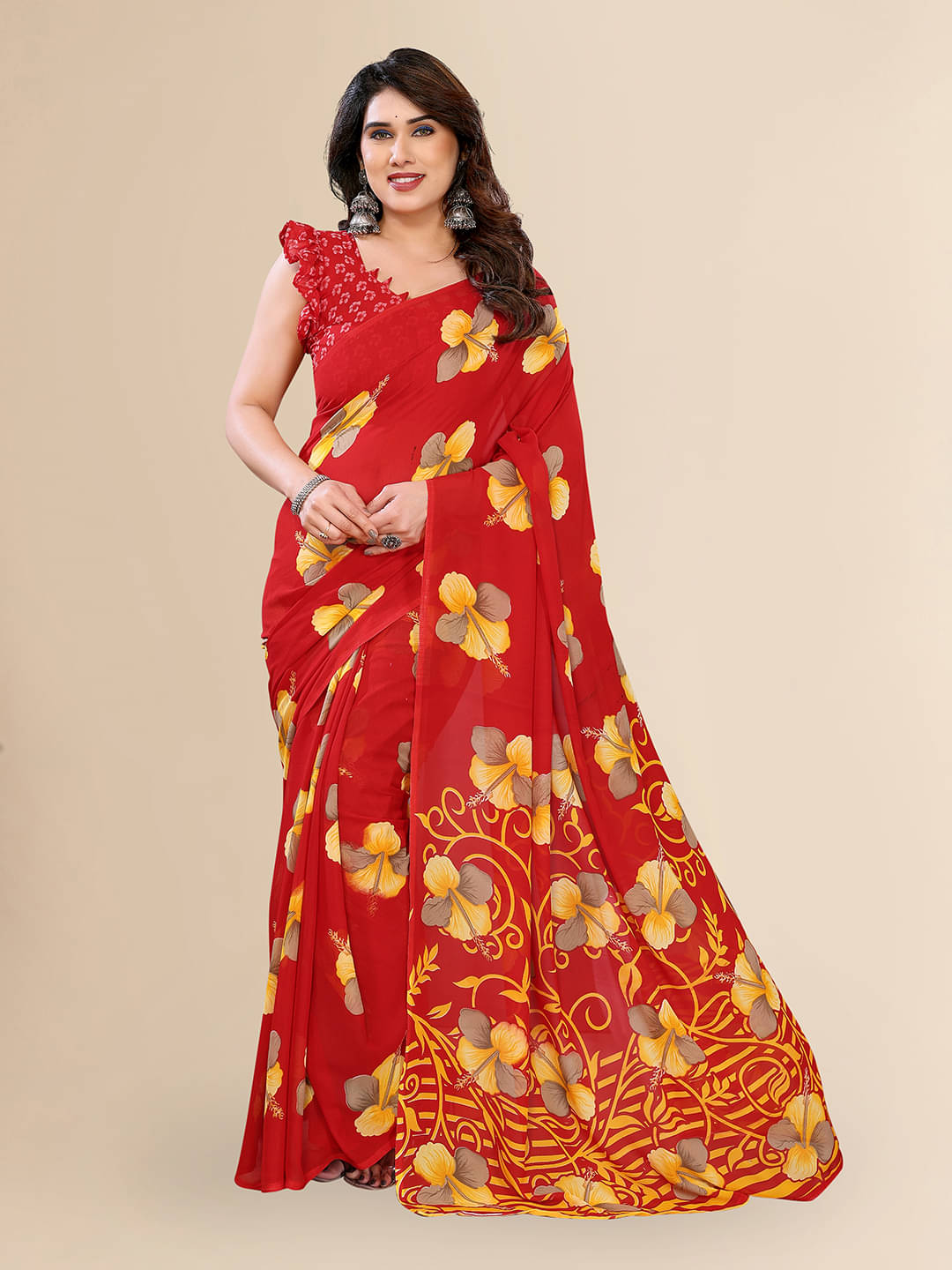     			Kashvi Sarees Georgette Printed Chanderi saree With Unstitched Blouse Piece ( Red )