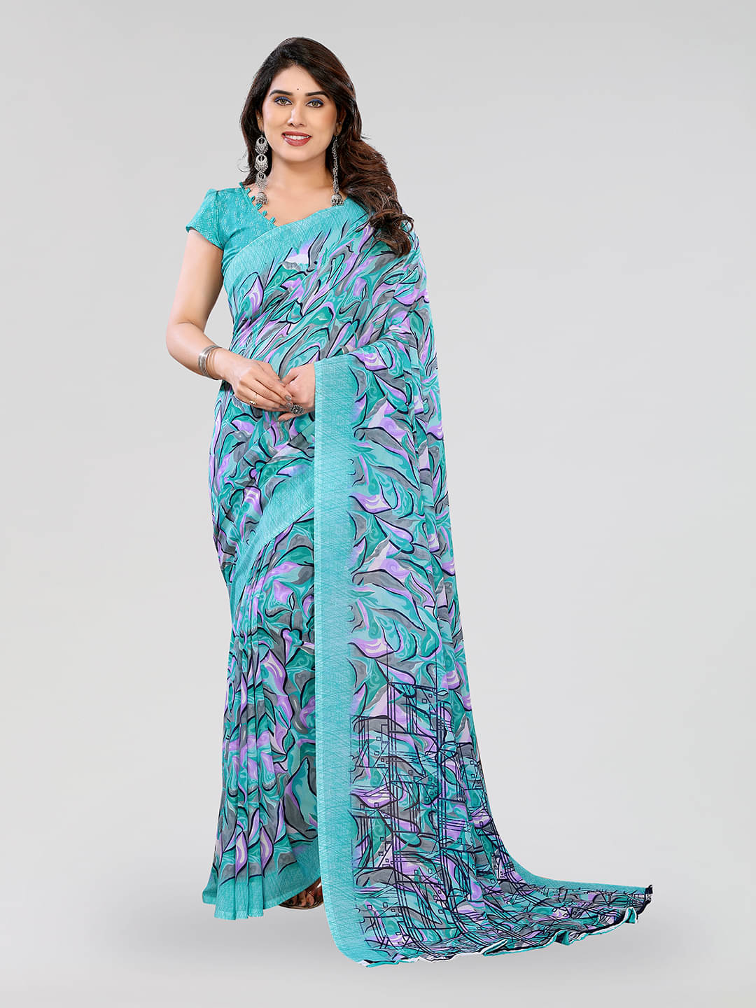     			Kashvi Sarees Georgette Printed Chanderi saree With Unstitched Blouse Piece ( Aqua Blue )