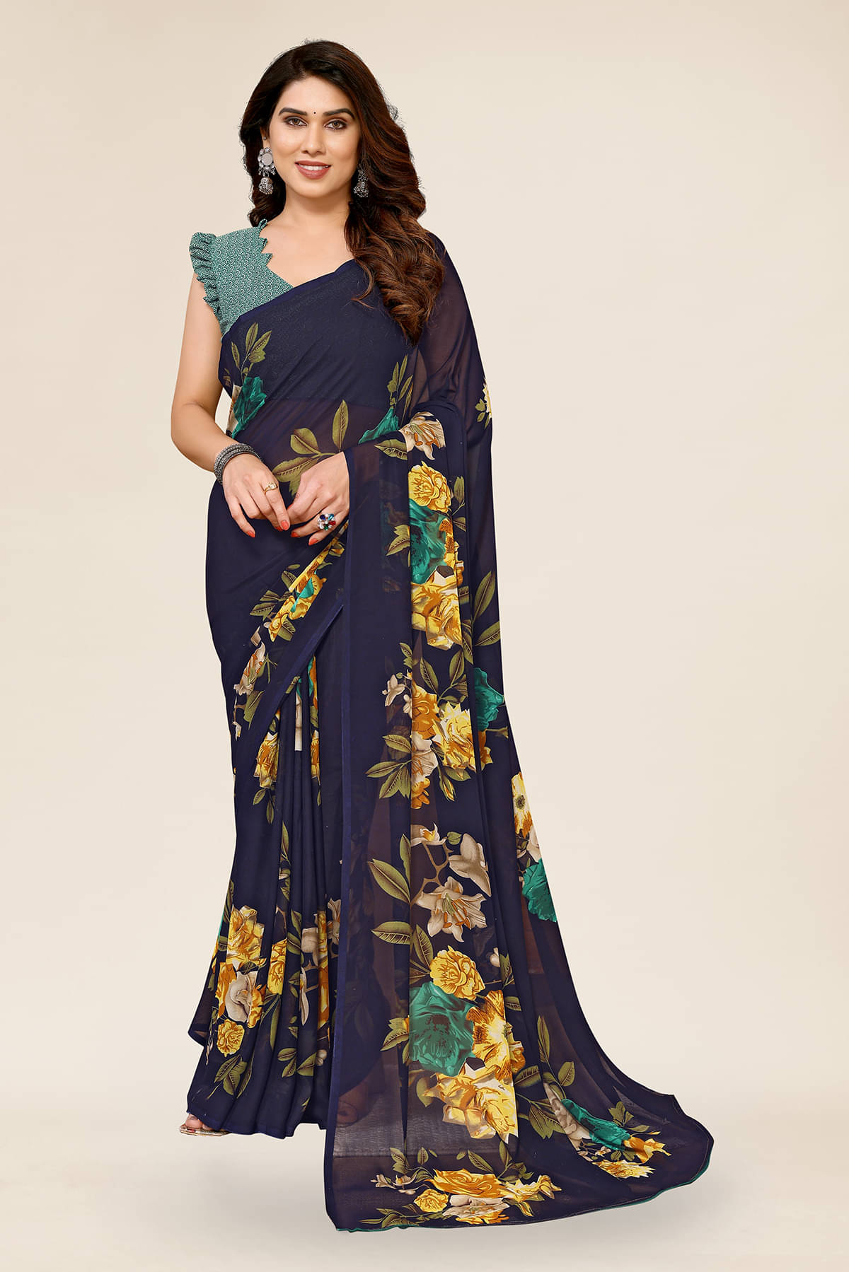     			Kashvi Sarees Georgette Printed Chanderi saree With Unstitched Blouse Piece ( Blue )