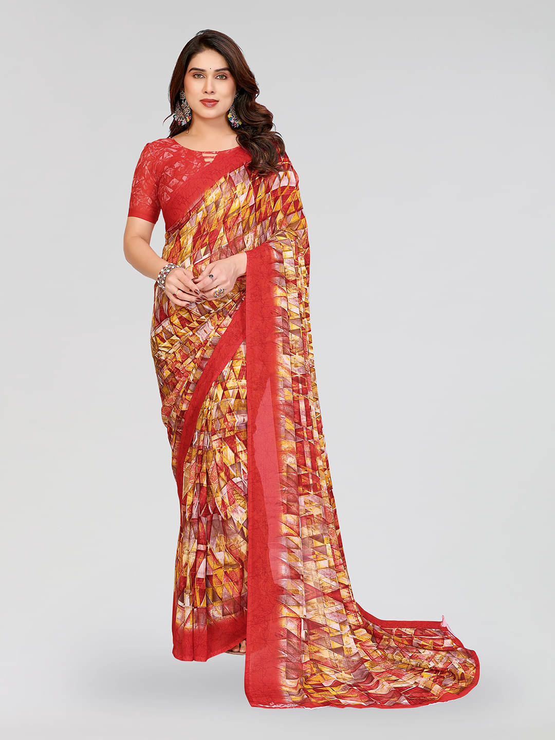 Kashvi Sarees Georgette Printed Chanderi saree With Unstitched Blouse Piece ( Red ) Kashvi Sarees Georgette Printed Chanderi saree With Unstitched Blouse Piece ( Red )