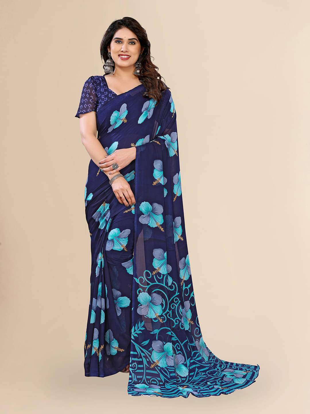     			Kashvi Sarees Georgette Printed Chanderi saree With Unstitched Blouse Piece ( Blue )
