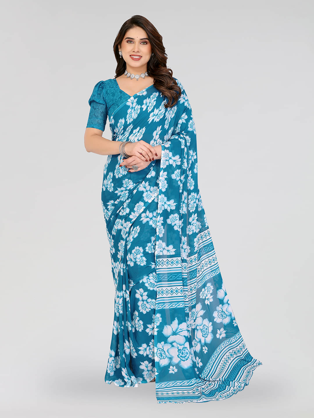     			Kashvi Sarees Georgette Printed Chanderi saree With Unstitched Blouse Piece ( Aqua Blue )