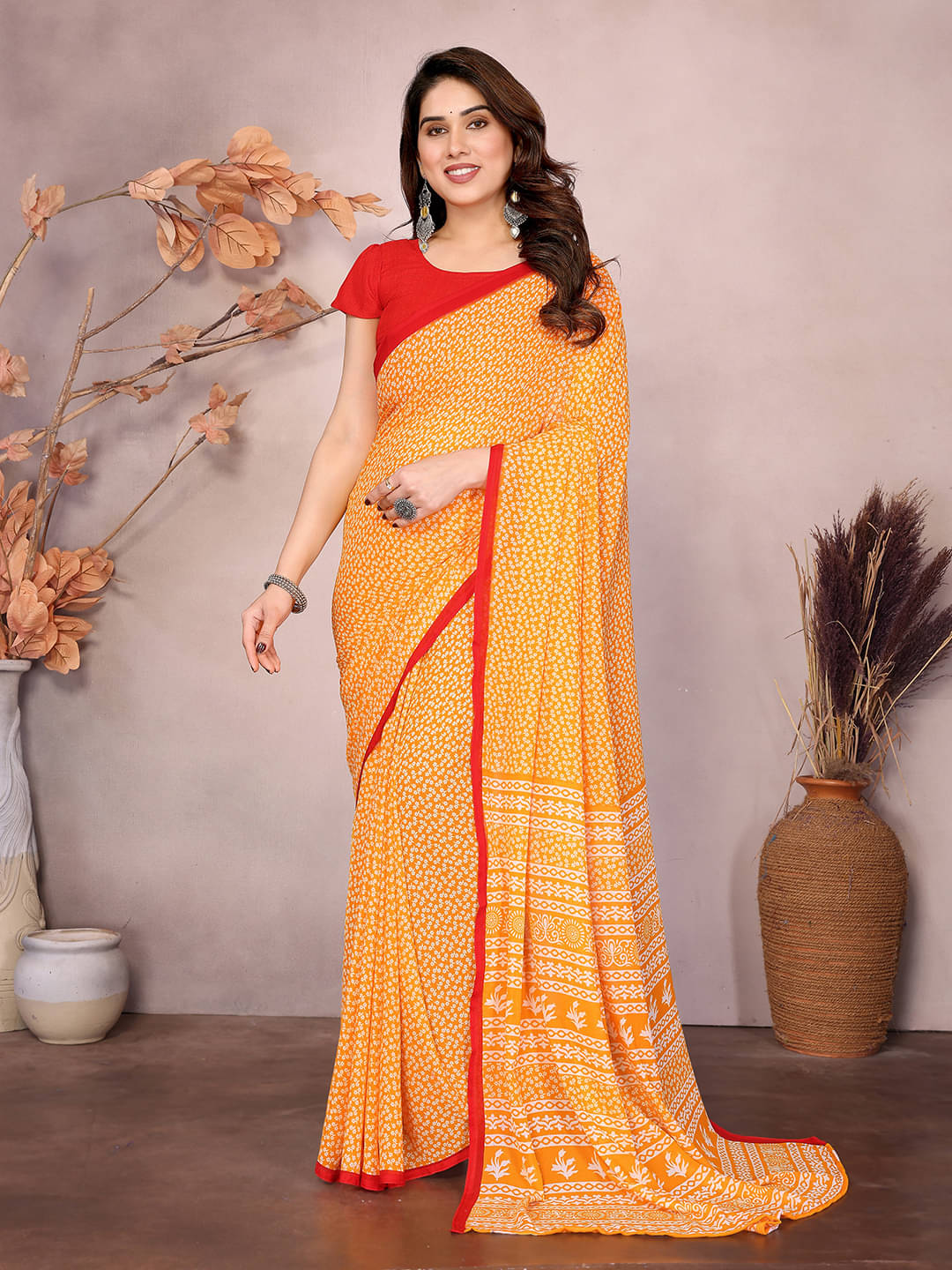Kashvi Sarees Georgette Printed Chanderi saree With Unstitched Blouse Piece ( Yellow ) Kashvi Sarees Georgette Printed Chanderi saree With Unstitched Blouse Piece ( Yellow )