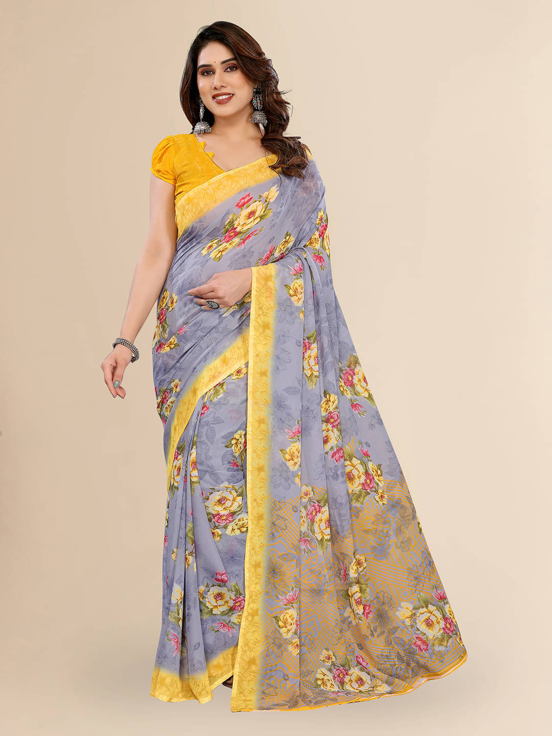     			Kashvi Sarees Georgette Printed Chanderi saree With Unstitched Blouse Piece ( Grey )
