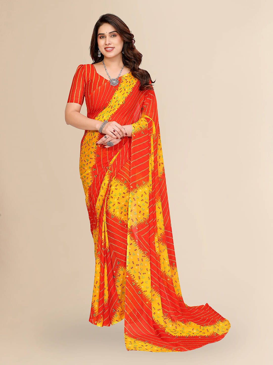 Kashvi Sarees Georgette Printed Chanderi saree With Unstitched Blouse Piece ( Orange ) Kashvi Sarees Georgette Printed Chanderi saree With Unstitched Blouse Piece ( Orange )