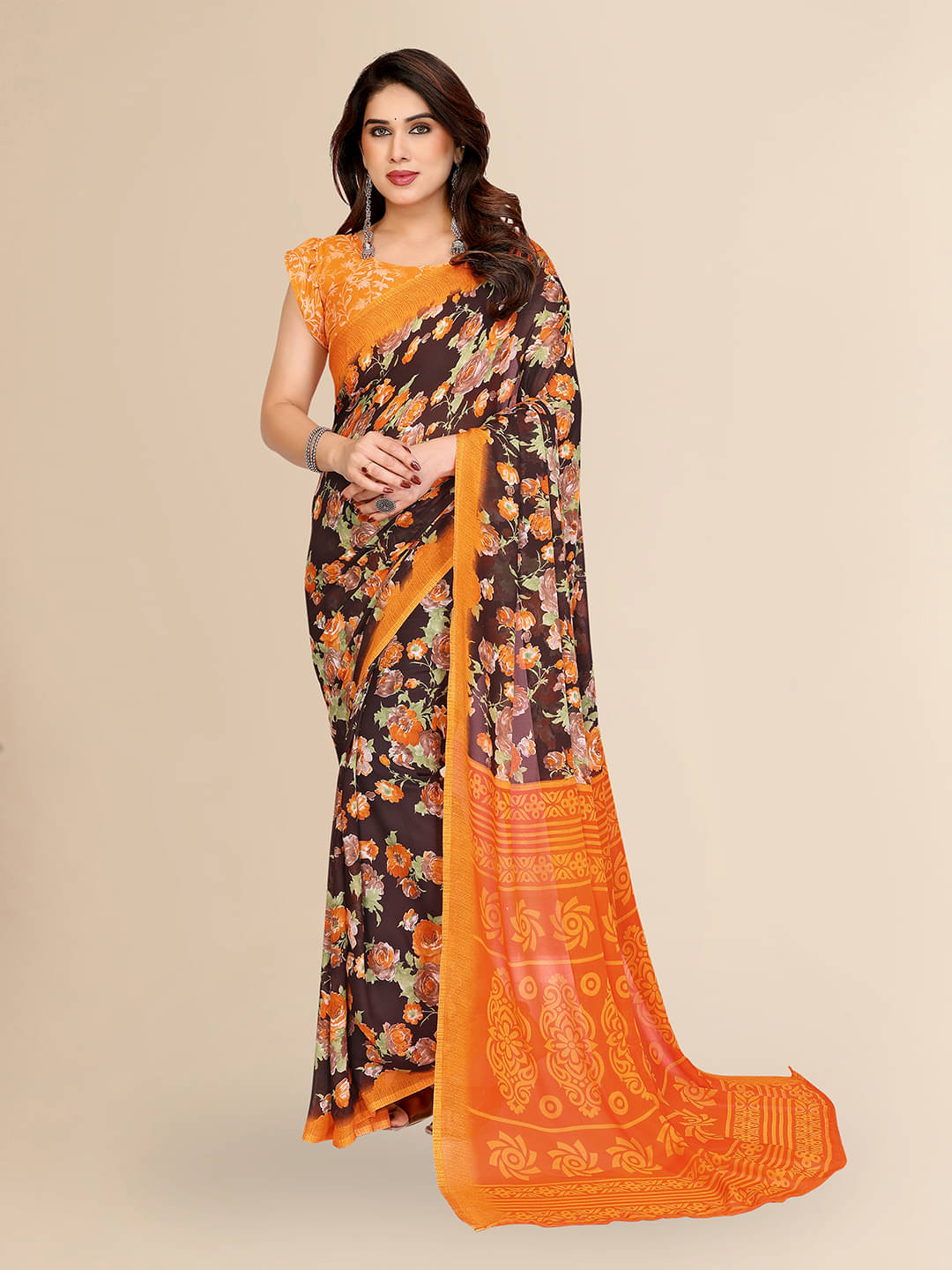 Kashvi Sarees Georgette Printed Chanderi saree With Unstitched Blouse Piece ( Brown ) Kashvi Sarees Georgette Printed Chanderi saree With Unstitched Blouse Piece ( Brown )