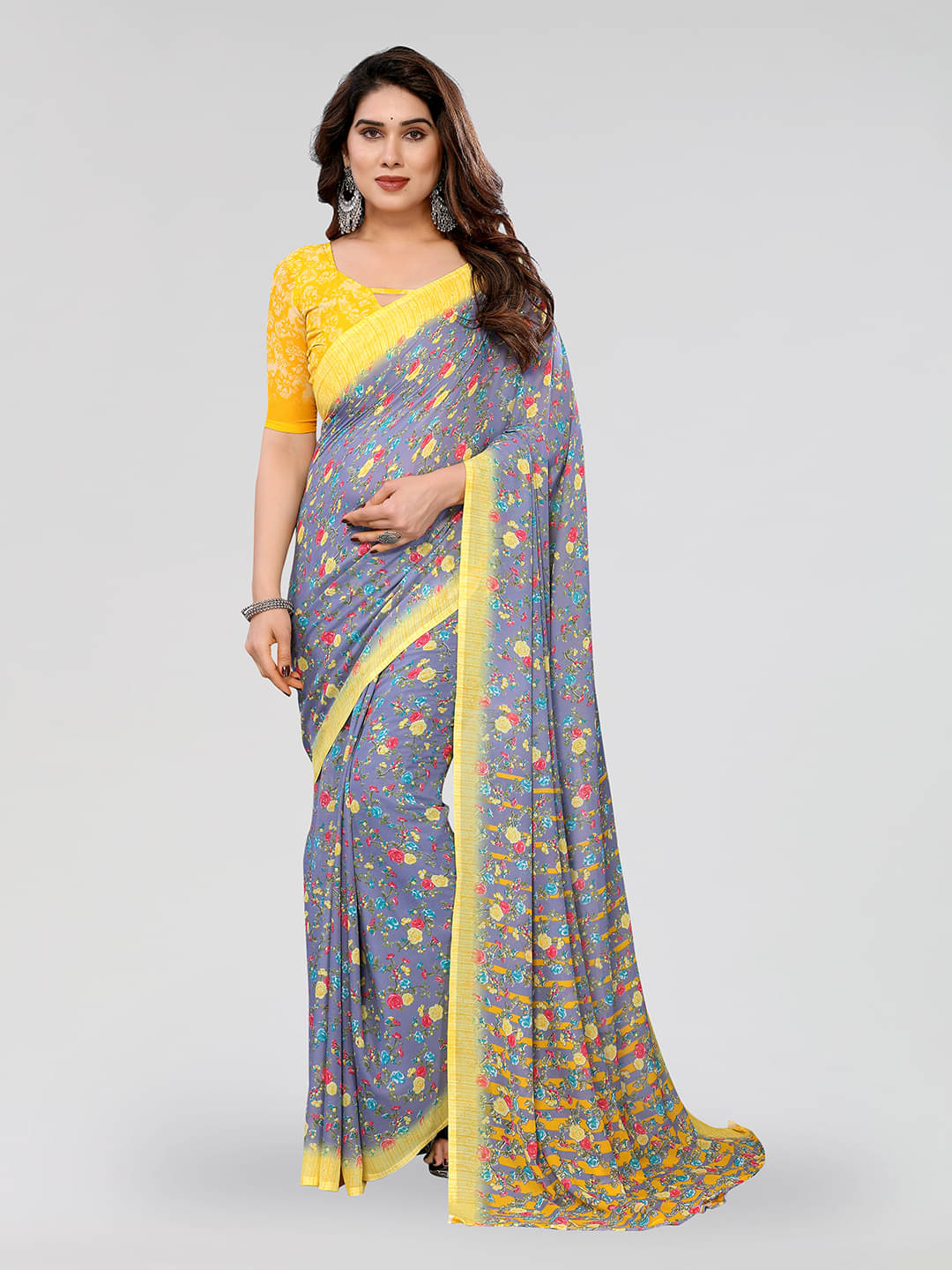 Kashvi Sarees Georgette Printed Chanderi saree With Unstitched Blouse Piece ( Grey )     			Kashvi Sarees Georgette Printed Chanderi saree With Unstitched Blouse Piece ( Grey )
