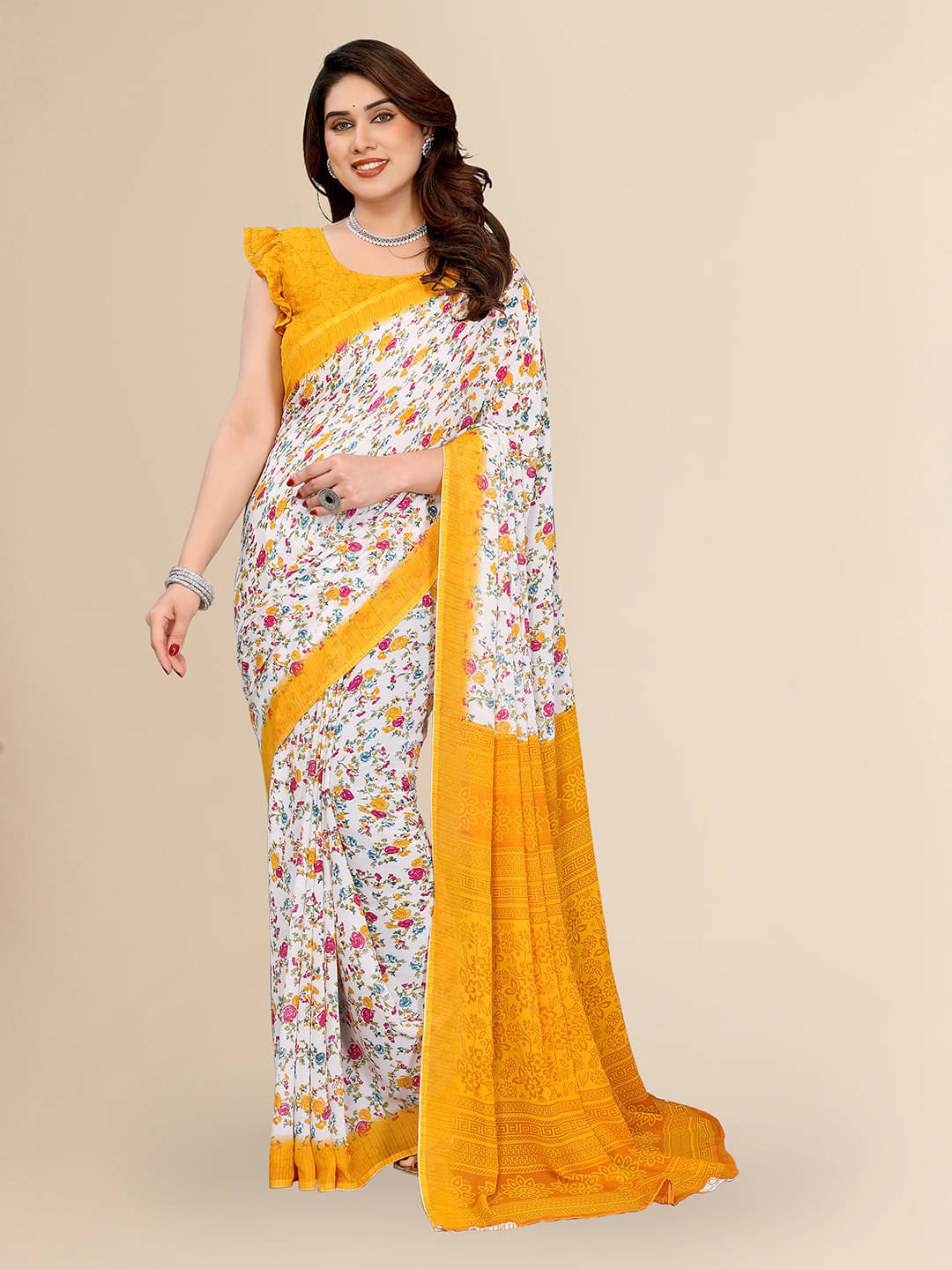 Kashvi Sarees Georgette Printed Chanderi saree With Unstitched Blouse Piece ( Yellow ) Kashvi Sarees Georgette Printed Chanderi saree With Unstitched Blouse Piece ( Yellow )