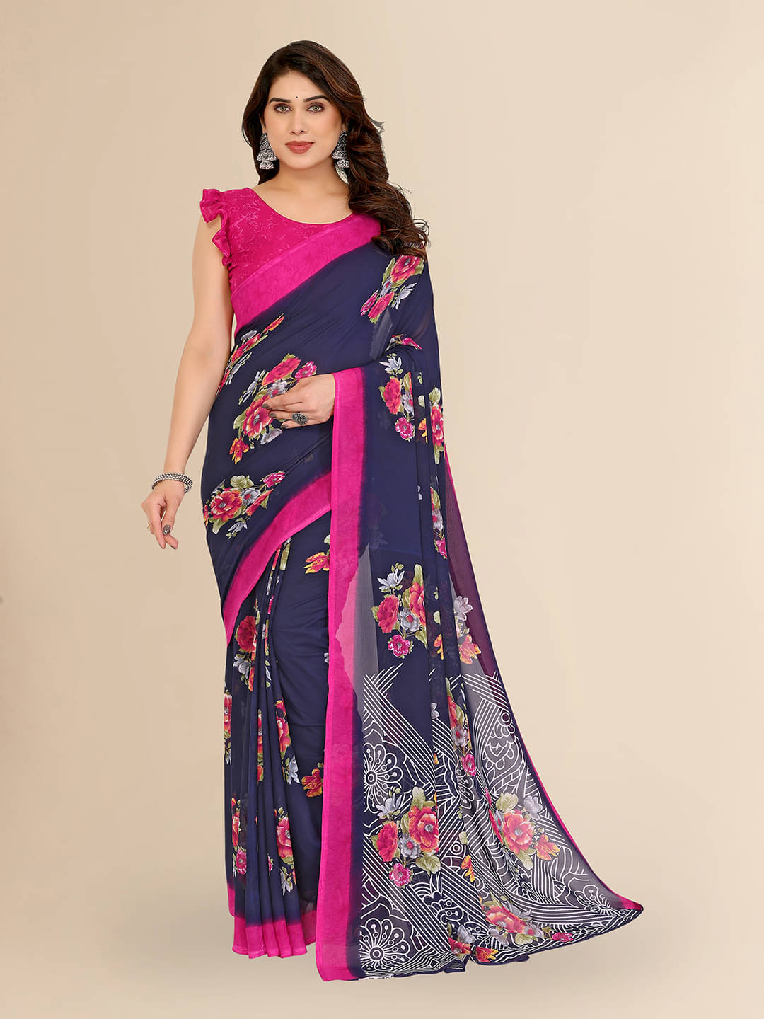     			Kashvi Sarees Georgette Printed Chanderi saree With Unstitched Blouse Piece ( Blue )