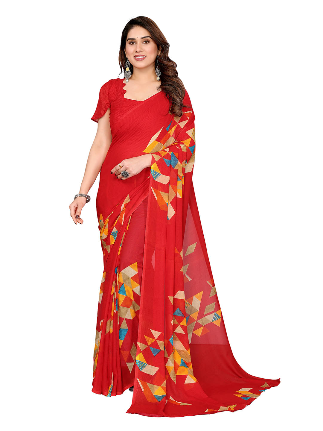 Kashvi Sarees Georgette Printed Chanderi saree With Unstitched Blouse Piece ( Red ) Kashvi Sarees Georgette Printed Chanderi saree With Unstitched Blouse Piece ( Red )