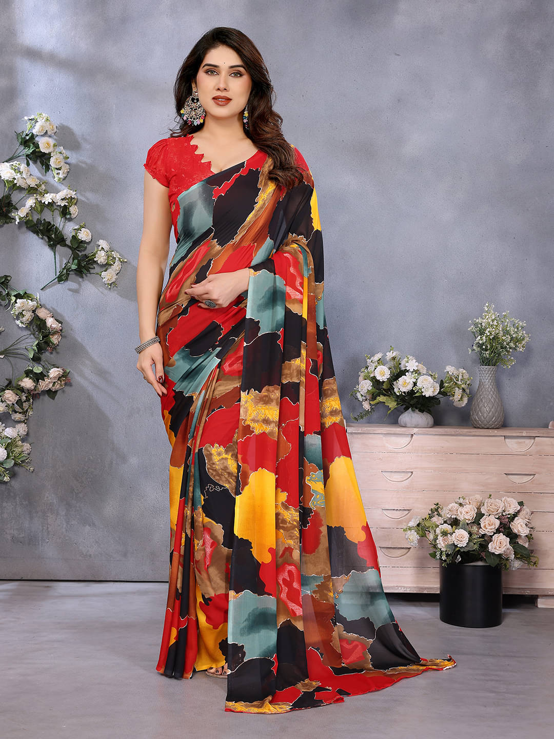     			Kashvi Sarees Georgette Printed Chanderi saree With Unstitched Blouse Piece ( Multicolor )