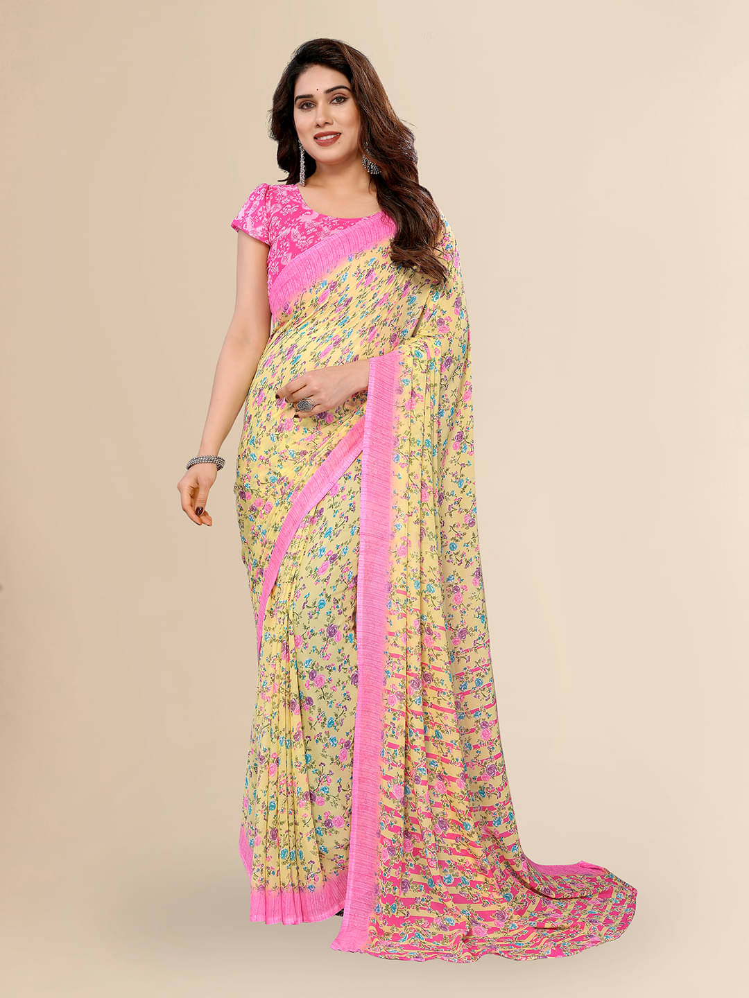     			Kashvi Sarees Georgette Printed Chanderi saree With Unstitched Blouse Piece ( Yellow )