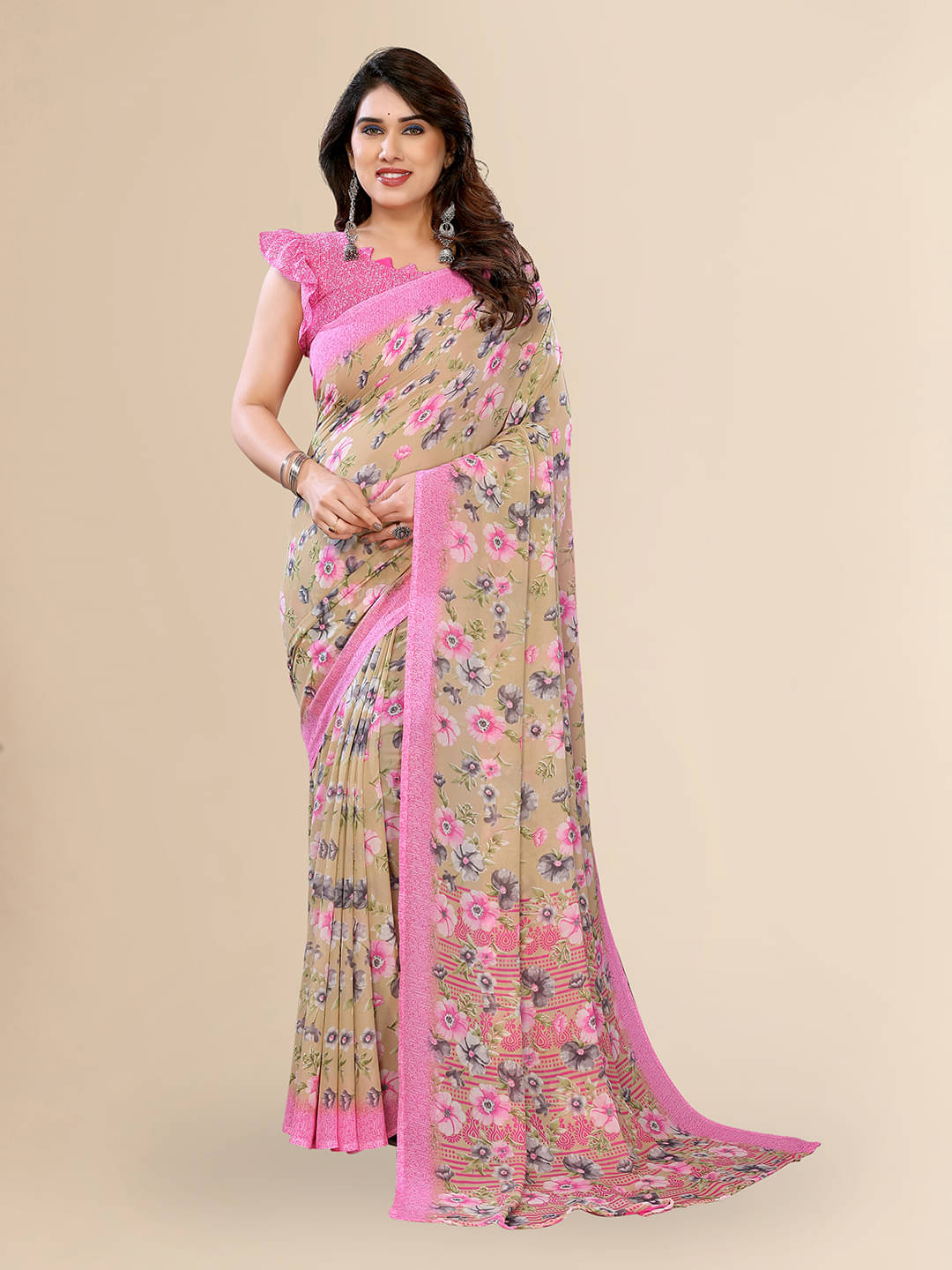     			Kashvi Sarees Georgette Printed Chanderi saree With Unstitched Blouse Piece ( Beige )