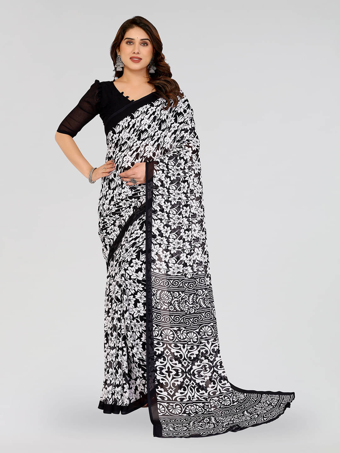     			Kashvi Sarees Georgette Printed Chanderi saree With Unstitched Blouse Piece ( Black )