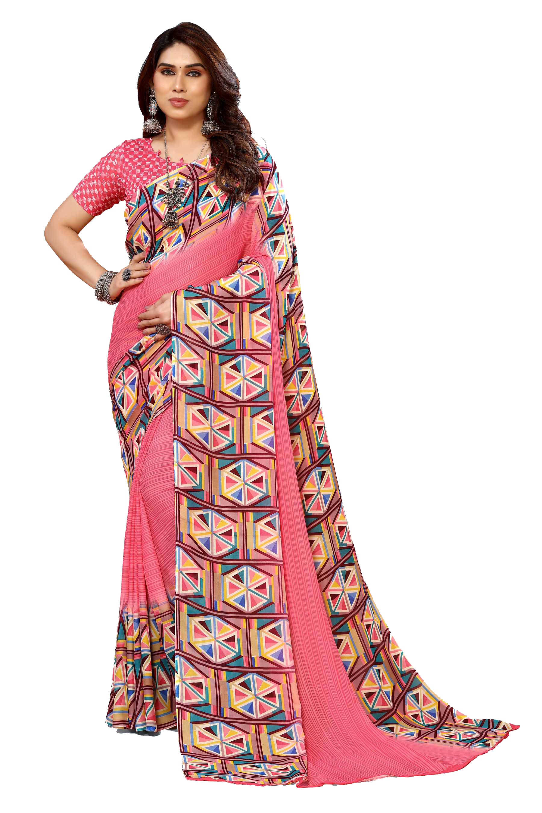 Kashvi Sarees Georgette Printed Chanderi saree With Unstitched Blouse Piece ( Pink ) Kashvi Sarees Georgette Printed Chanderi saree With Unstitched Blouse Piece ( Pink )